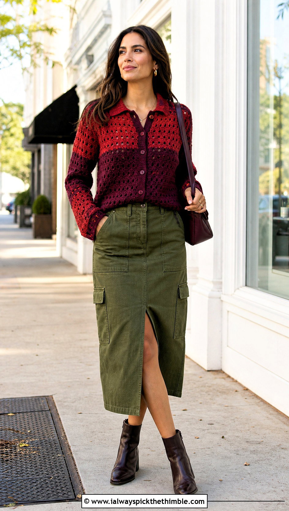 Crochet Collared Button Top With Utility Skirt - 25 two colors crochet top outfit ideas