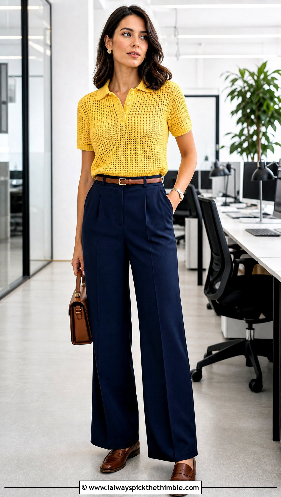 Crochet Collared Polo With Wide Leg Trousers - 20 Crochet Professional Clothes and outfit ideas