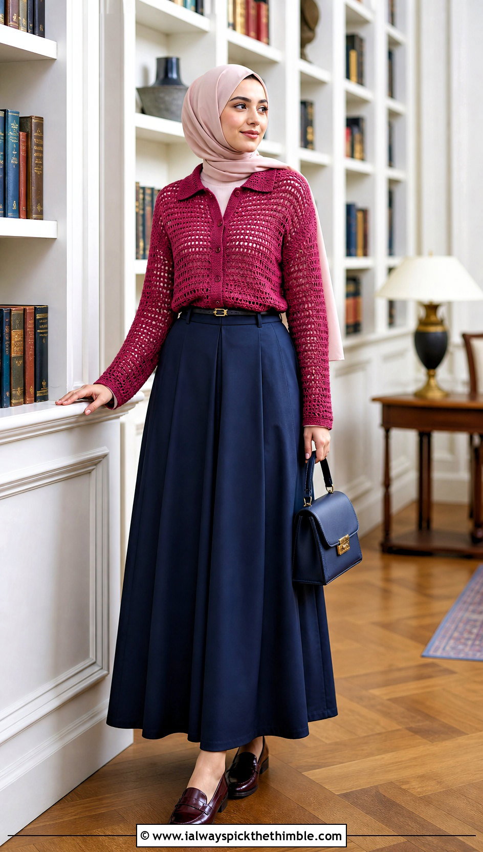 Crochet Collared Shirt With A Line Skirt - 20 crochet top hijabi outfit ideas