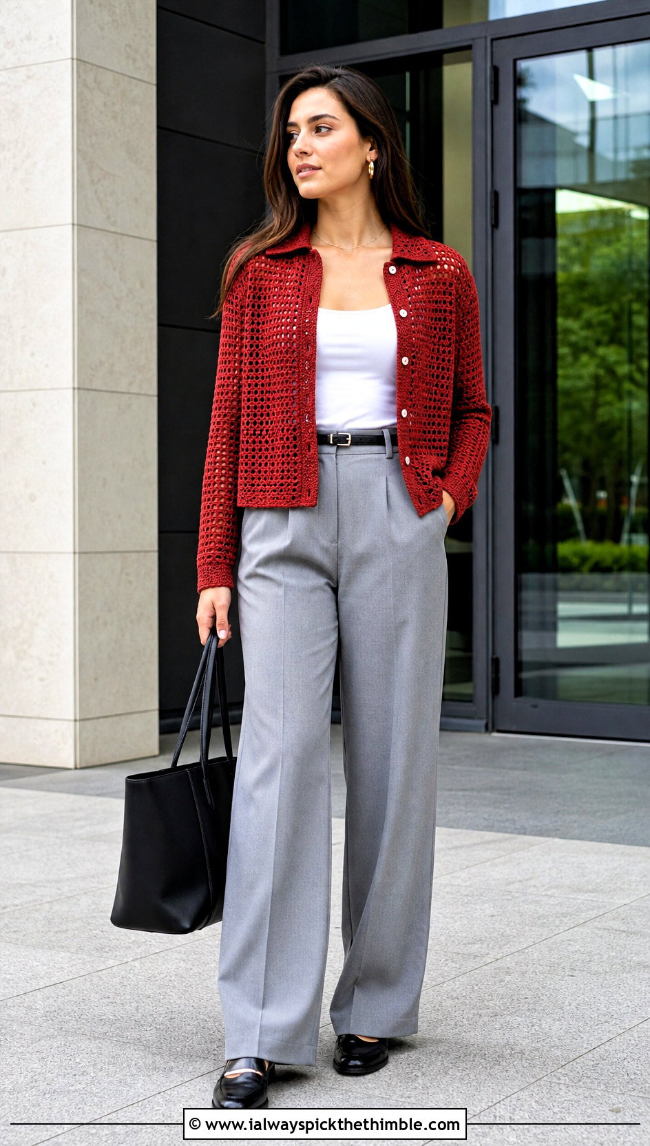 Crochet Collared Shirt With Tailored Trousers - 25 Basic Crochet Top outfit ideas