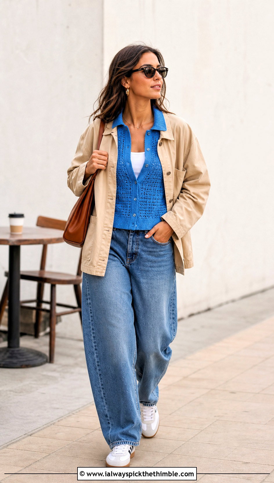 Crochet Collared Tee With Barrel Jeans - 25 crochet fall top outfit ideas