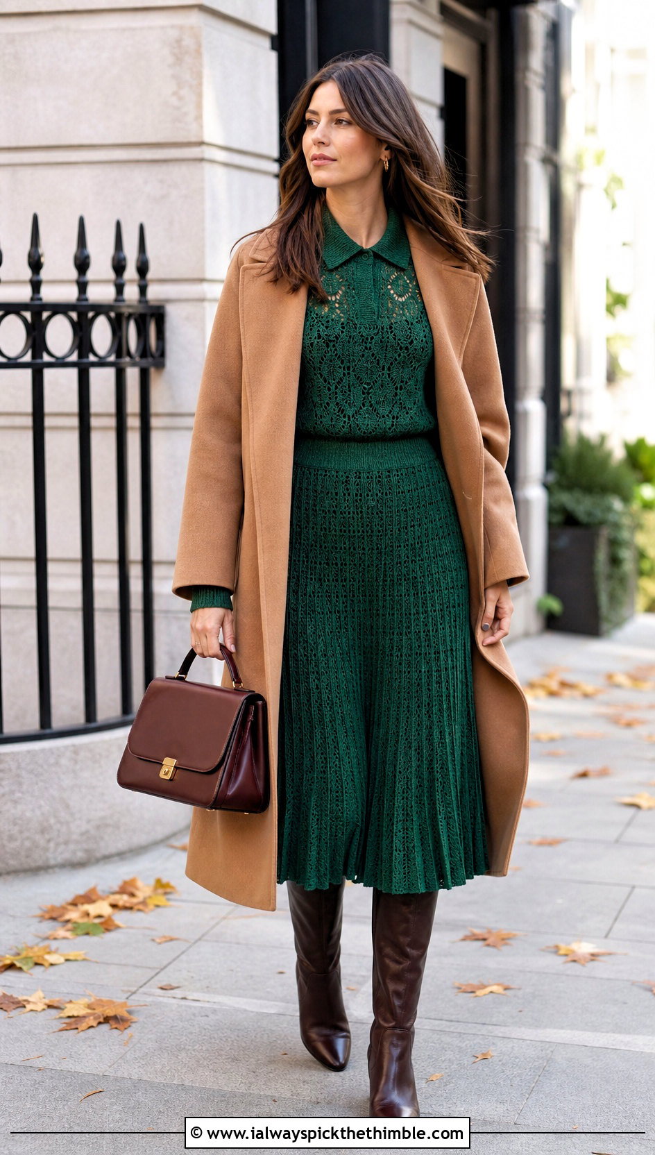Crochet Collared Top And Pleated Skirt Set With Riding Boots - 25 crochet skirt and top set outfit ideas