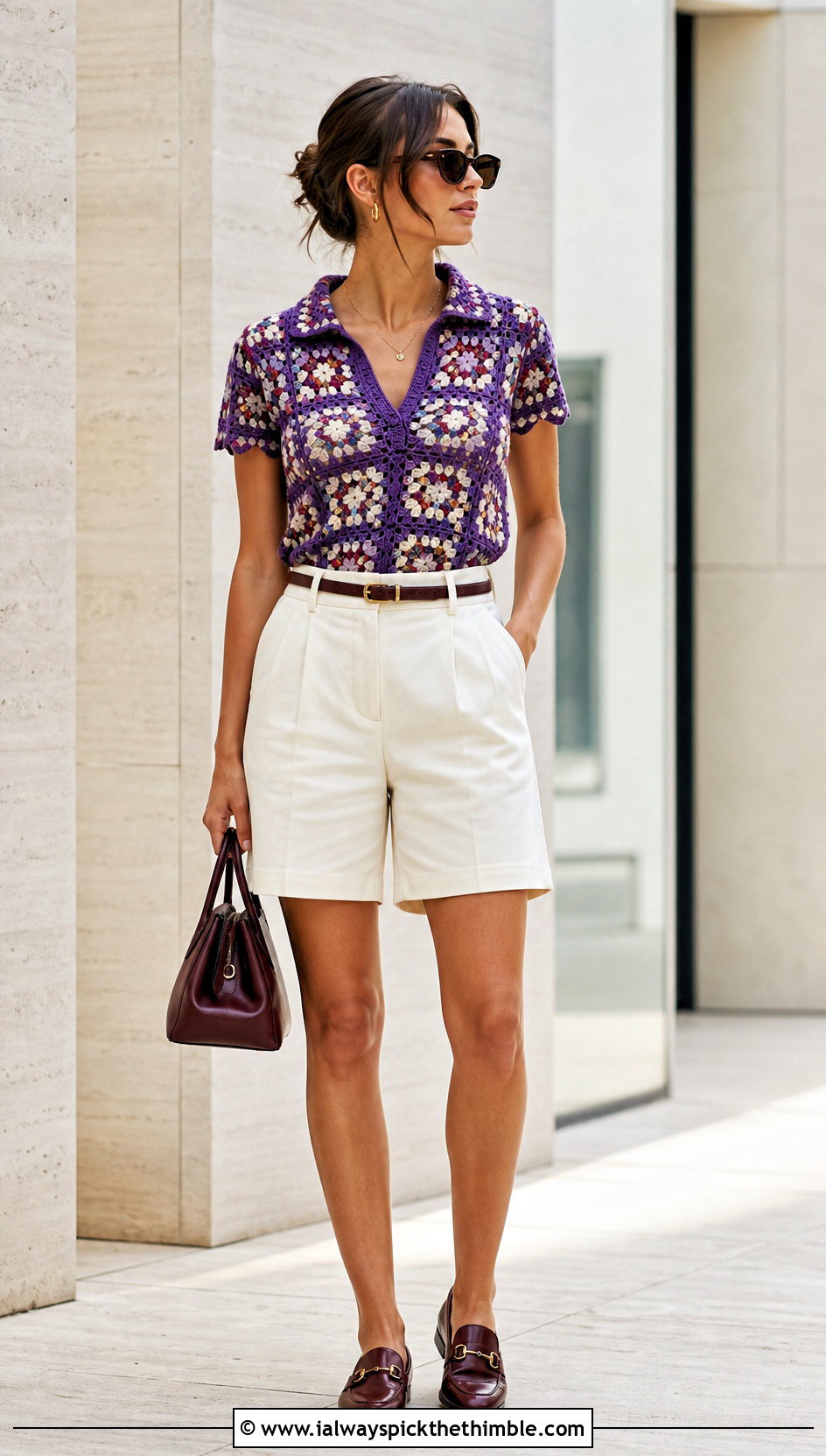 Crochet Collared Top With Bermuda Shorts - 20 crochet for tops outfit ideas
