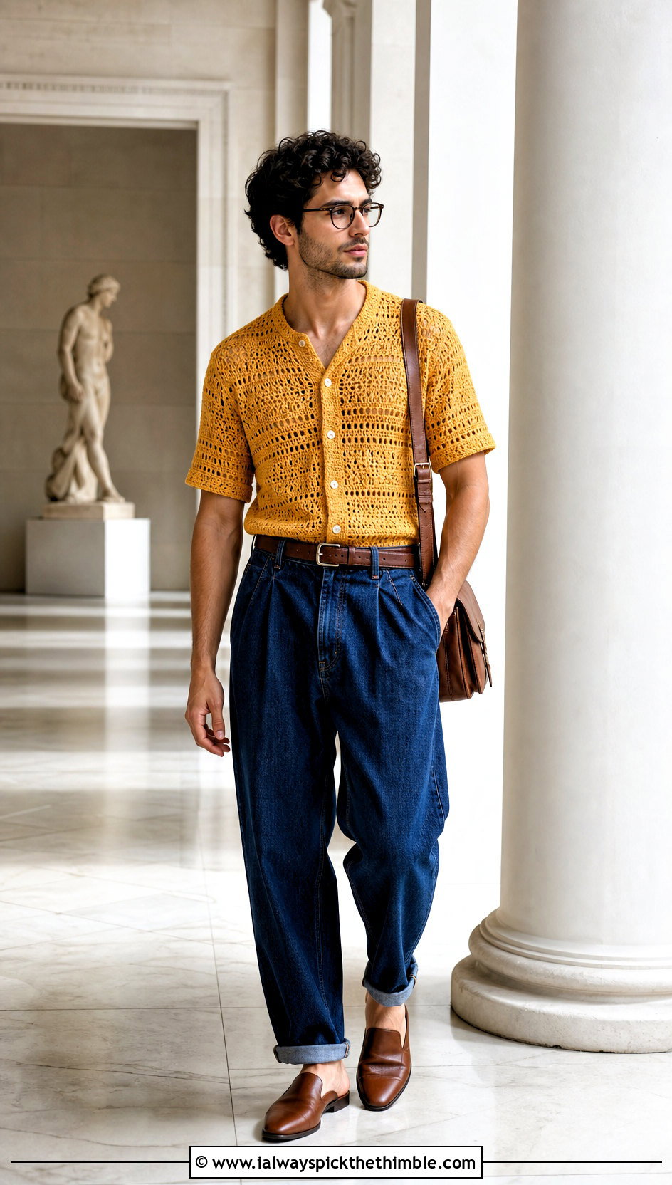 Crochet Collarless Shirt With Pleated Jeans - 25 crochet men shirt outfit ideas