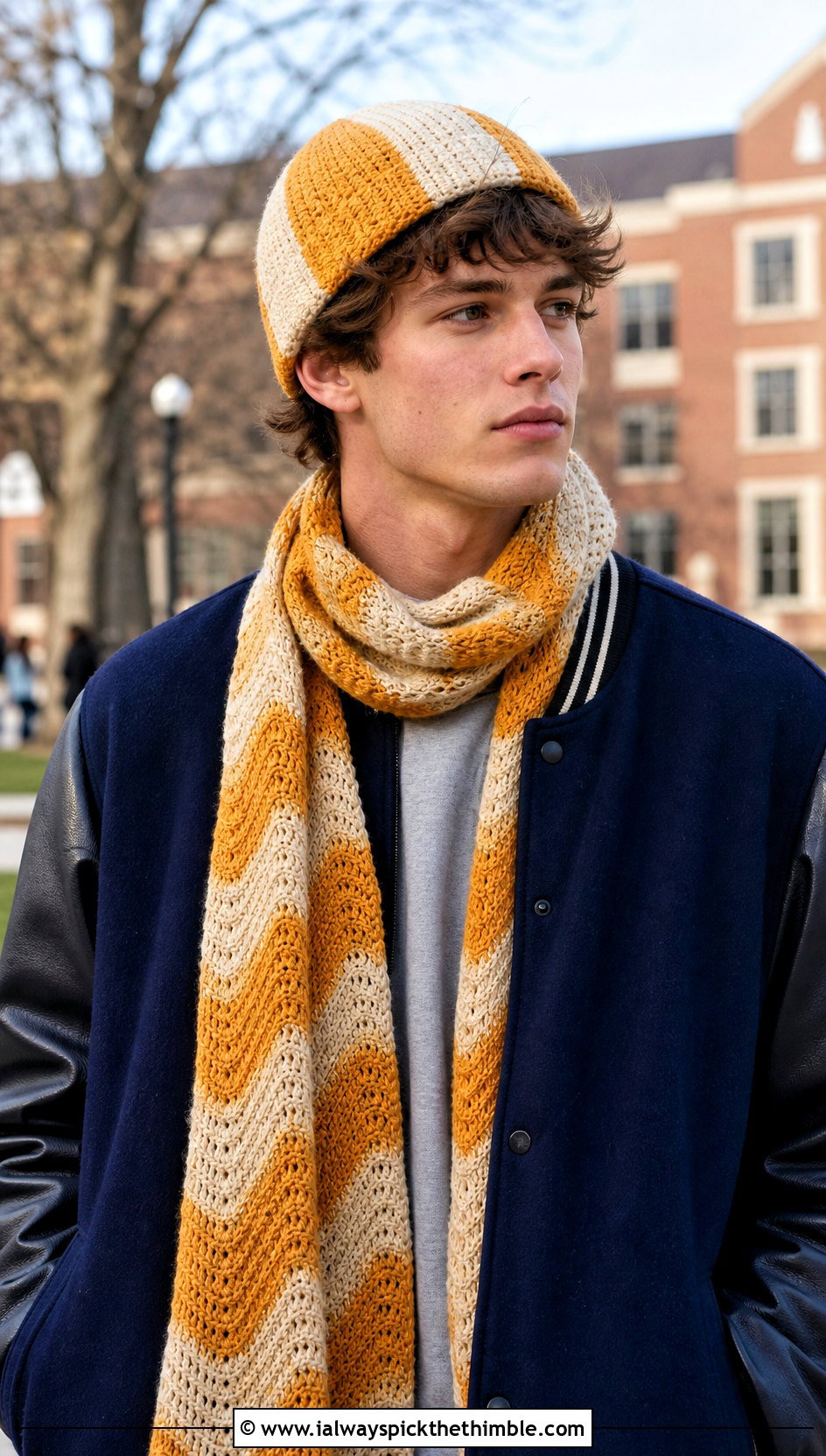 Crochet Color Block Beanie And Ripple Scarf With Varsity Jacket - 20 Crochet Mens Hat And Scarf outfit ideas