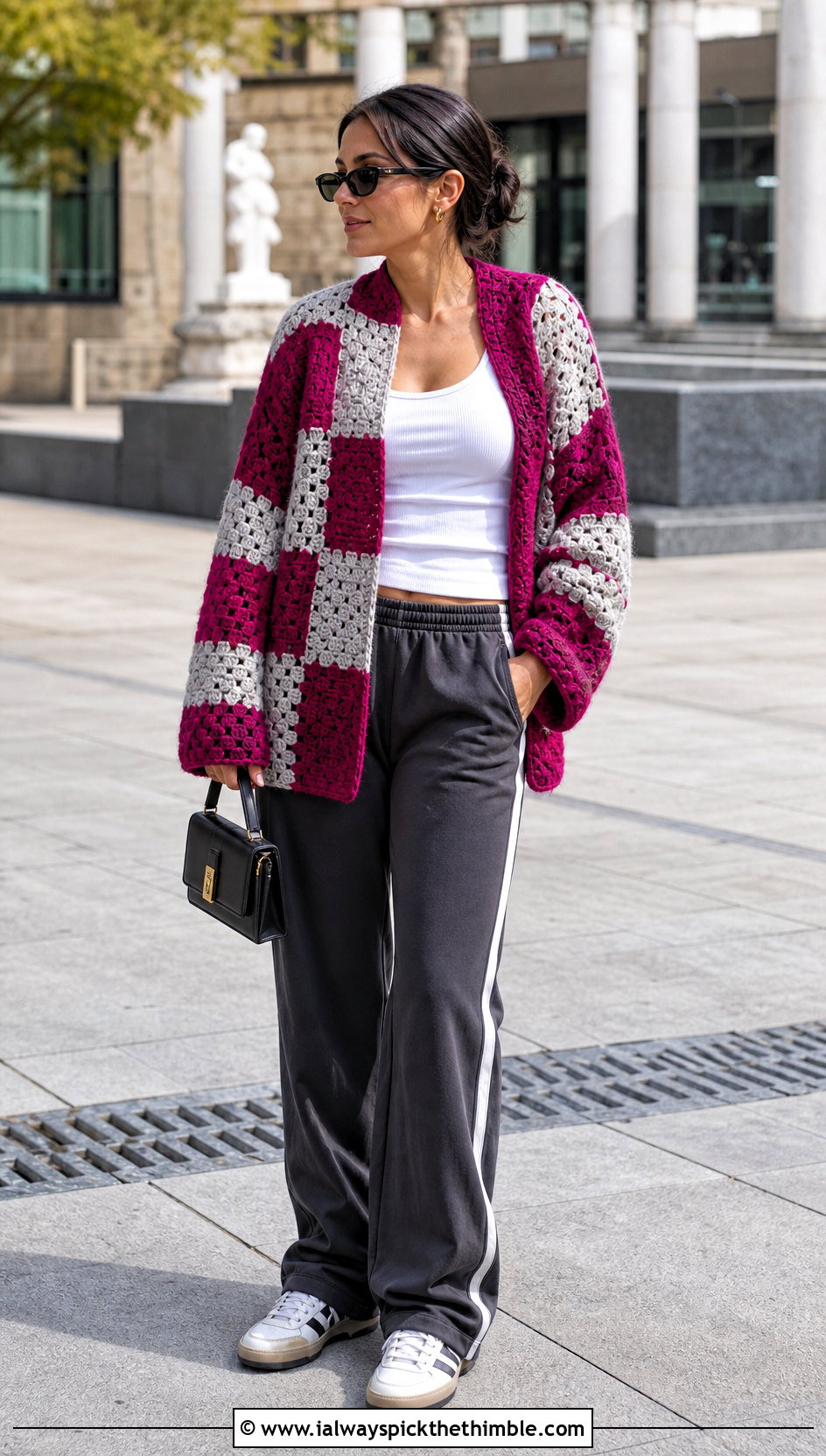 Crochet Color Block Blanket Sweater With Track Pants - 20 crochet sweater blanket outfit ideas