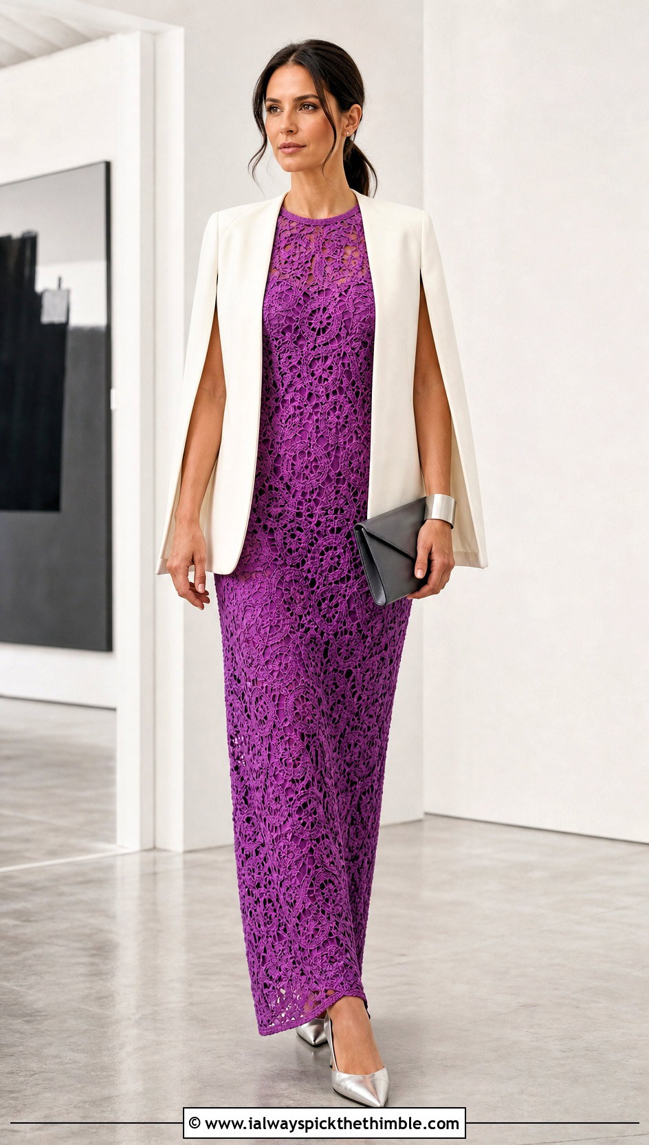 Crochet Column Dress With Cape Blazer And Kitten Heels - 25 Crocheting Dress outfit ideas