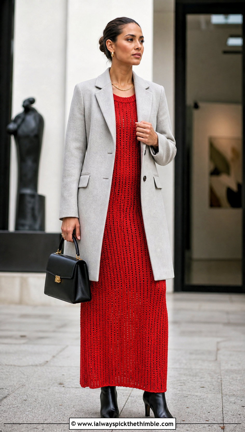 Crochet Column Dress With Structured Coat - 20 boho crochet dress outfit ideas