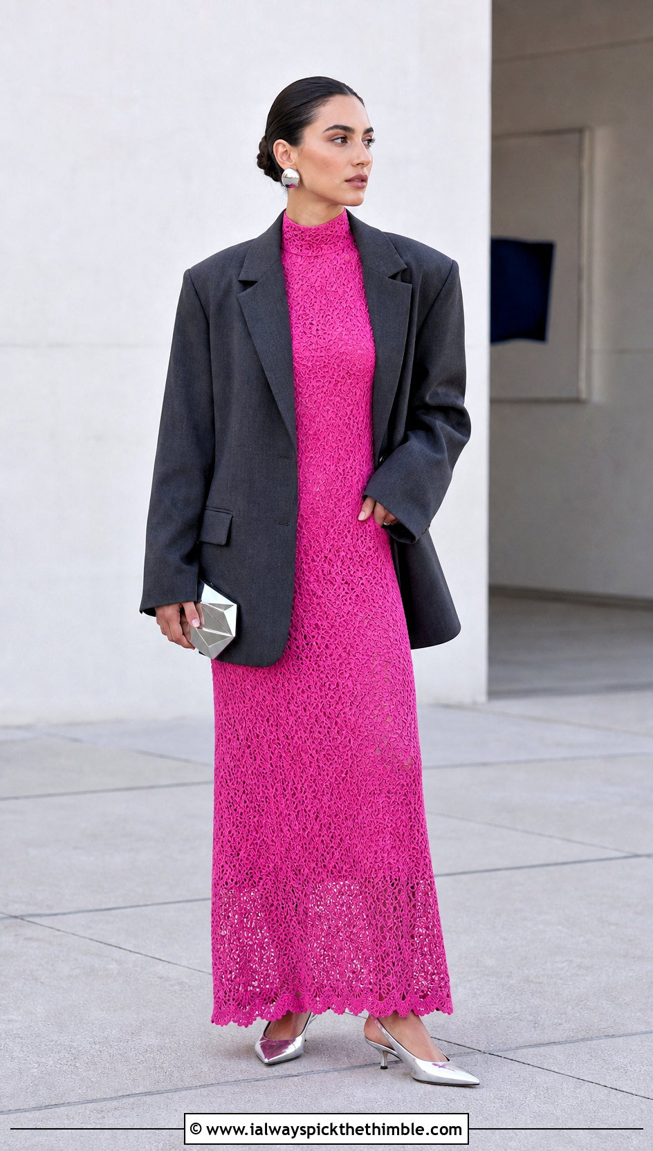 Crochet Column Maxi Dress With Oversized Blazer - 20 modest crochet dress outfit ideas