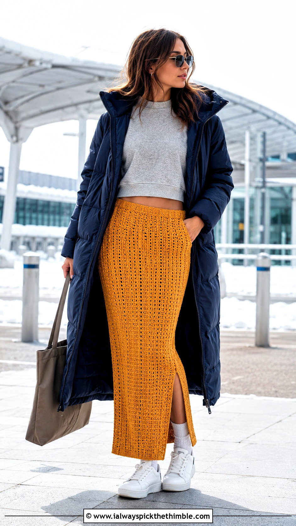 Crochet Column Maxi Skirt With Cropped Sweatshirt - 25 crochet winter skirt outfit ideas
