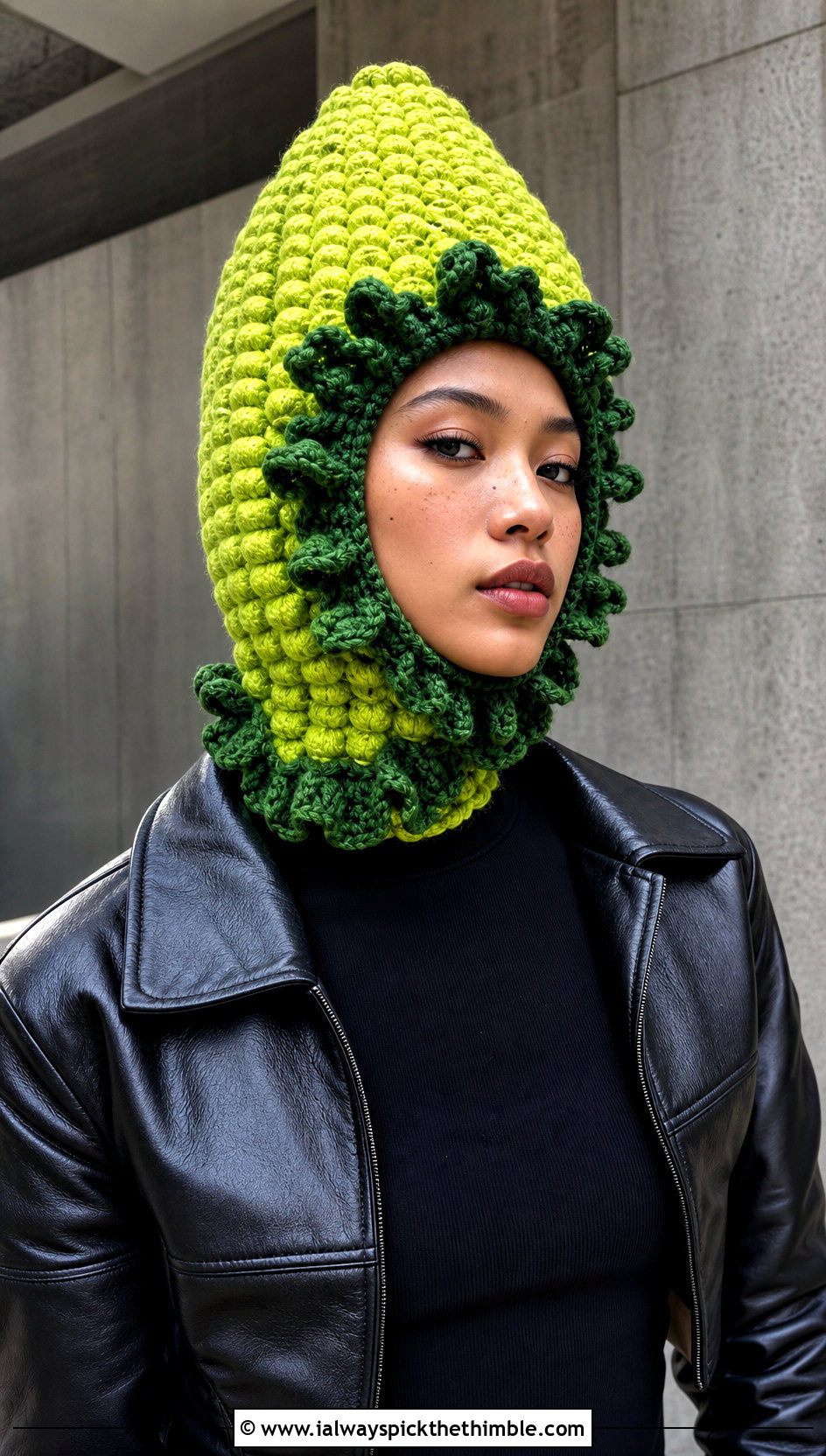Crochet Corn Balaclava Hat With Leather Jacket - 15 Crochet Corn Hat outfit ideas