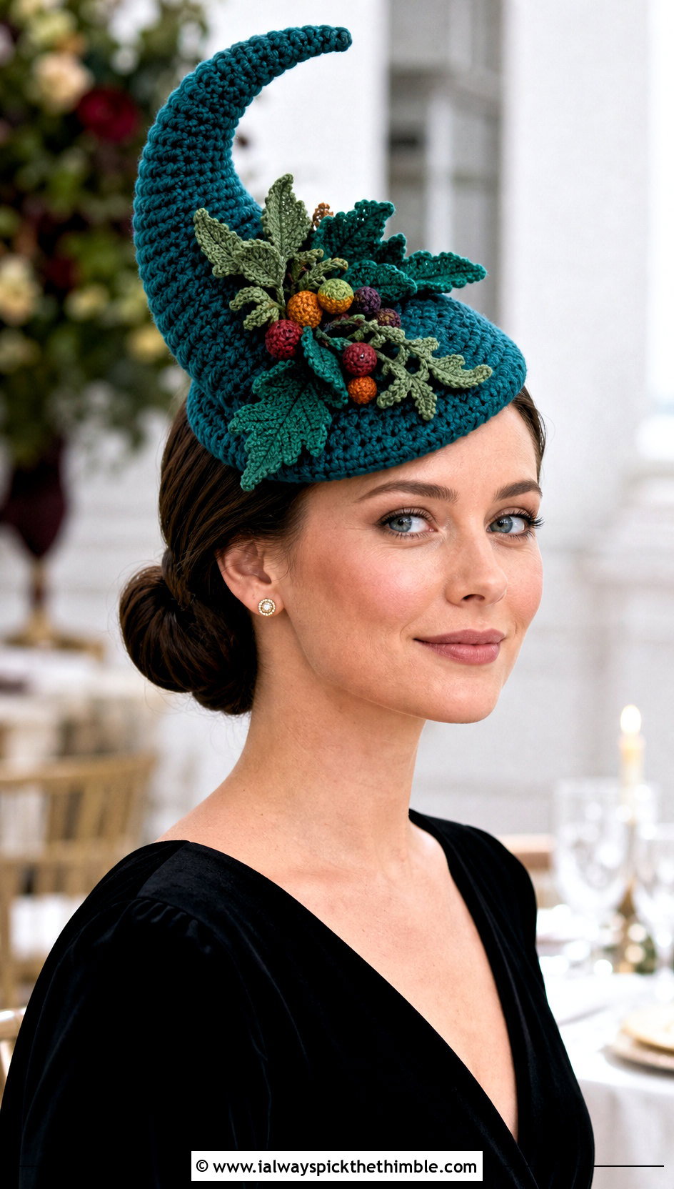 Crochet Cornucopia Fascinator With Velvet Dress - 15 Crochet Thanksgiving Hat outfit ideas