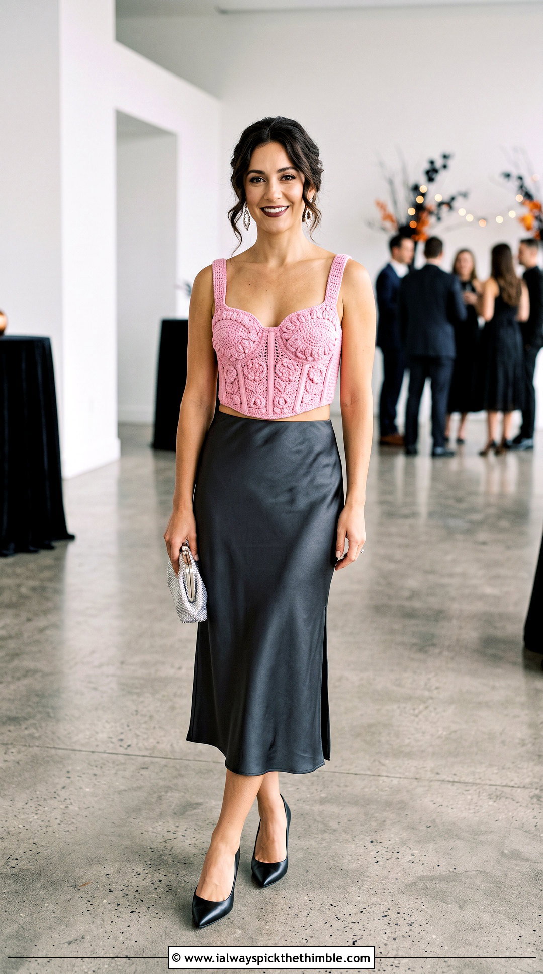 Crochet Corset Crop Top With Satin Midi Skirt - 20 halloween crochet crop top outfit ideas