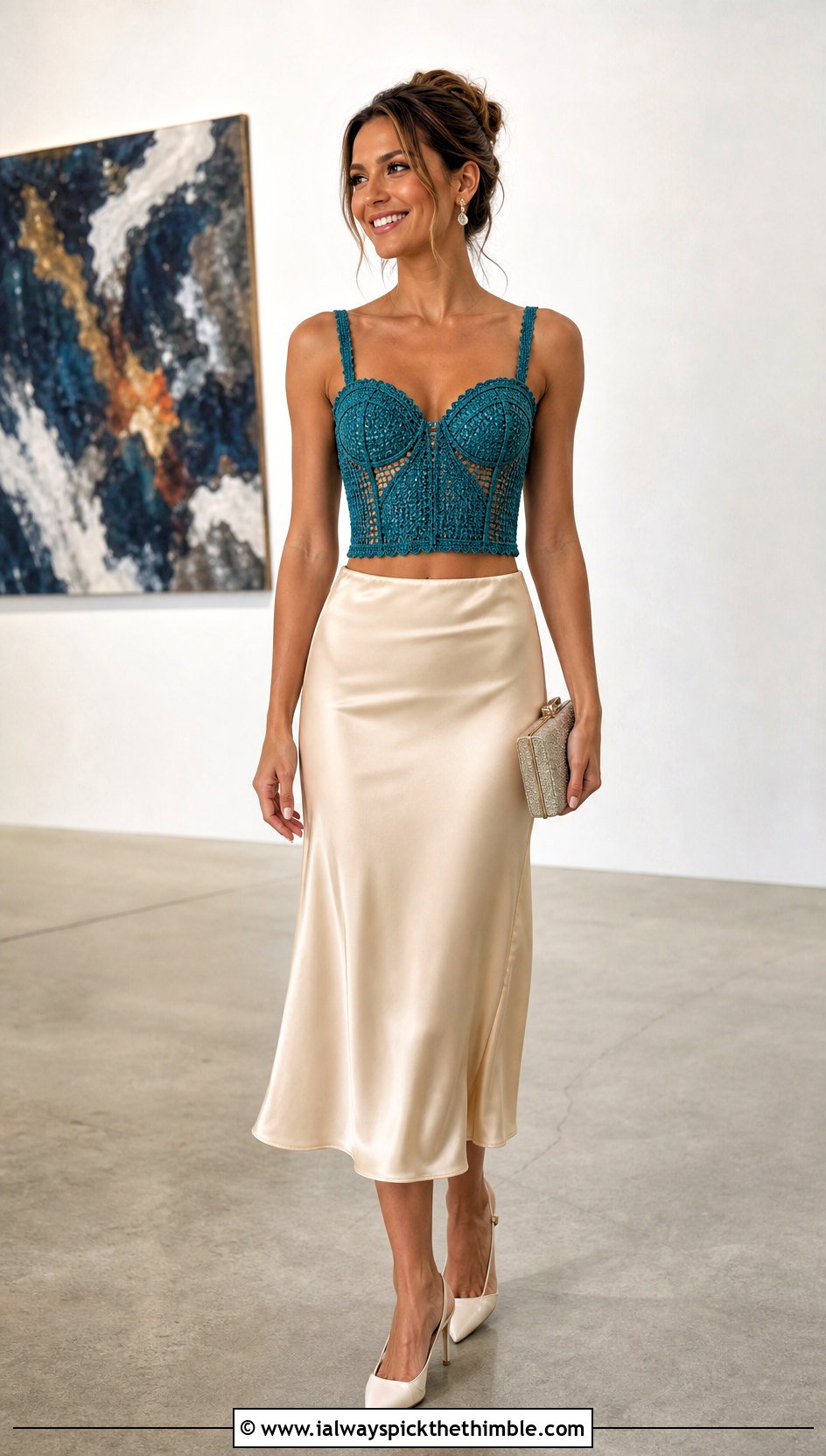 Crochet Corset Crop Top With Satin Midi Skirt - 25 crochet crop top outfit ideas