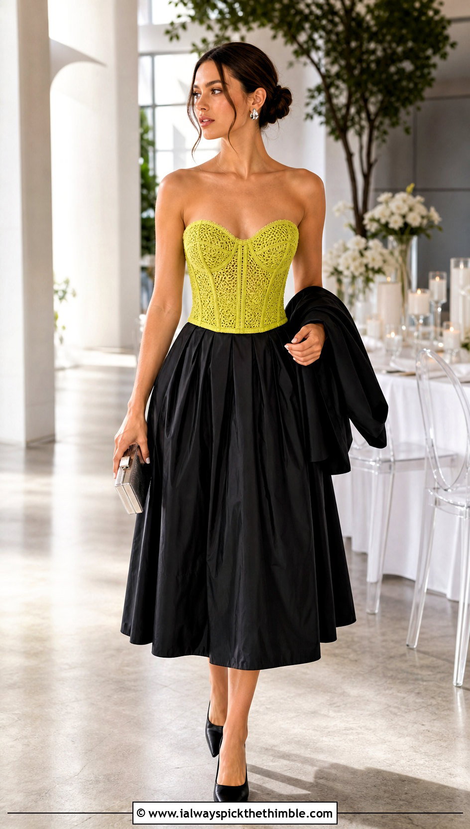 Crochet Corset Taffeta Party Dress With Pointed Pumps - 20 crochet and fabric dress outfit ideas
