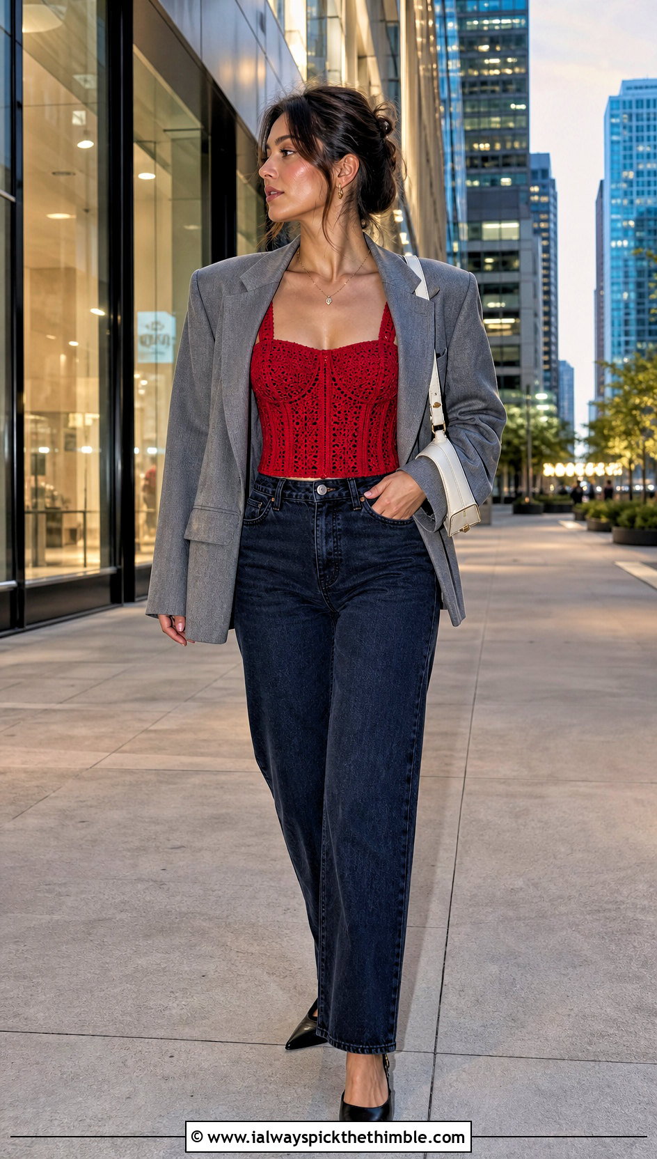 Crochet Corset Top With Blazer And Straight Jeans - 20 Crochet Top For Spring outfit ideas