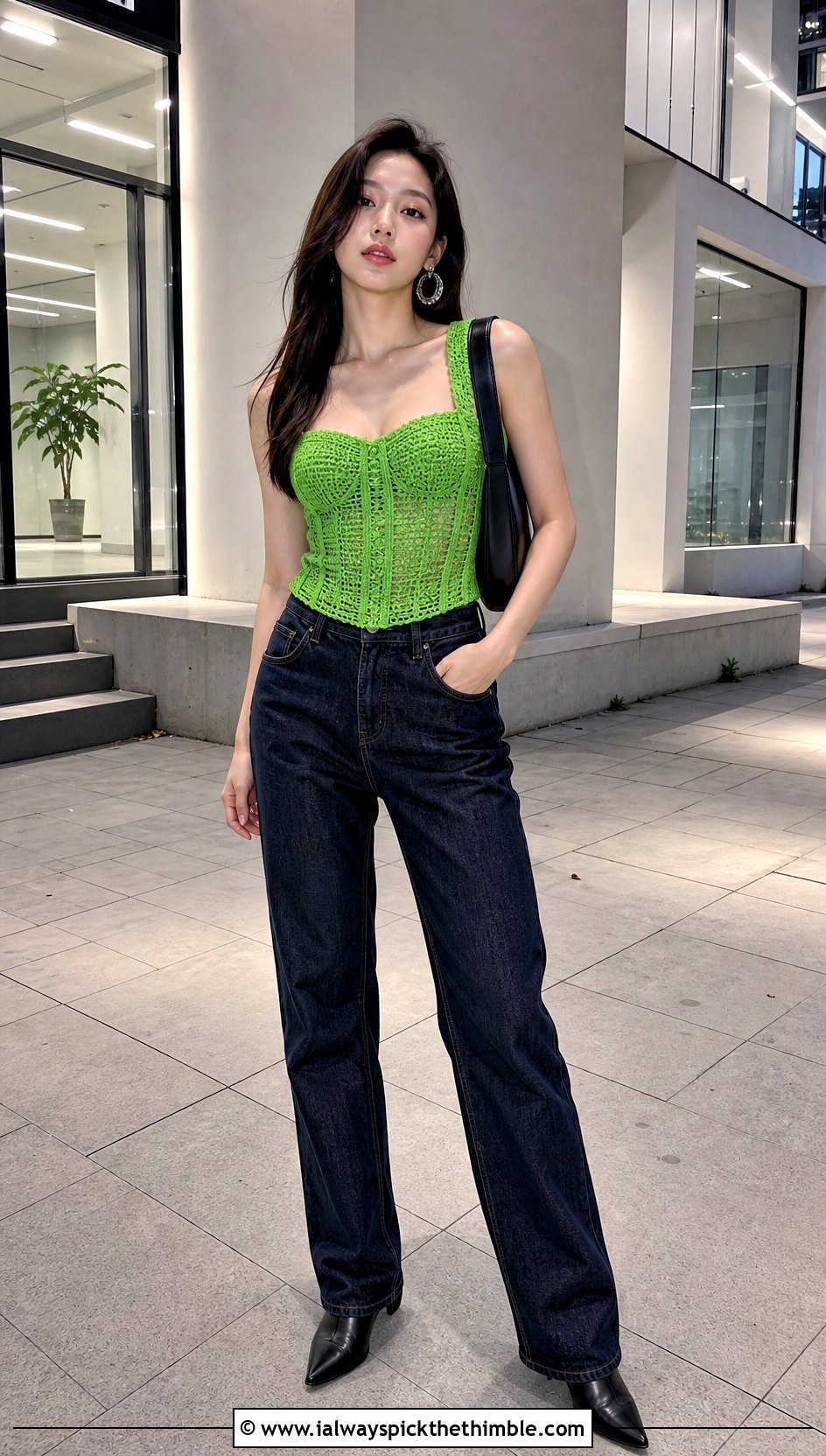 Crochet Corset Top With Dark Wash Jeans - 20 K Pop Crochet Clothes and outfit ideas