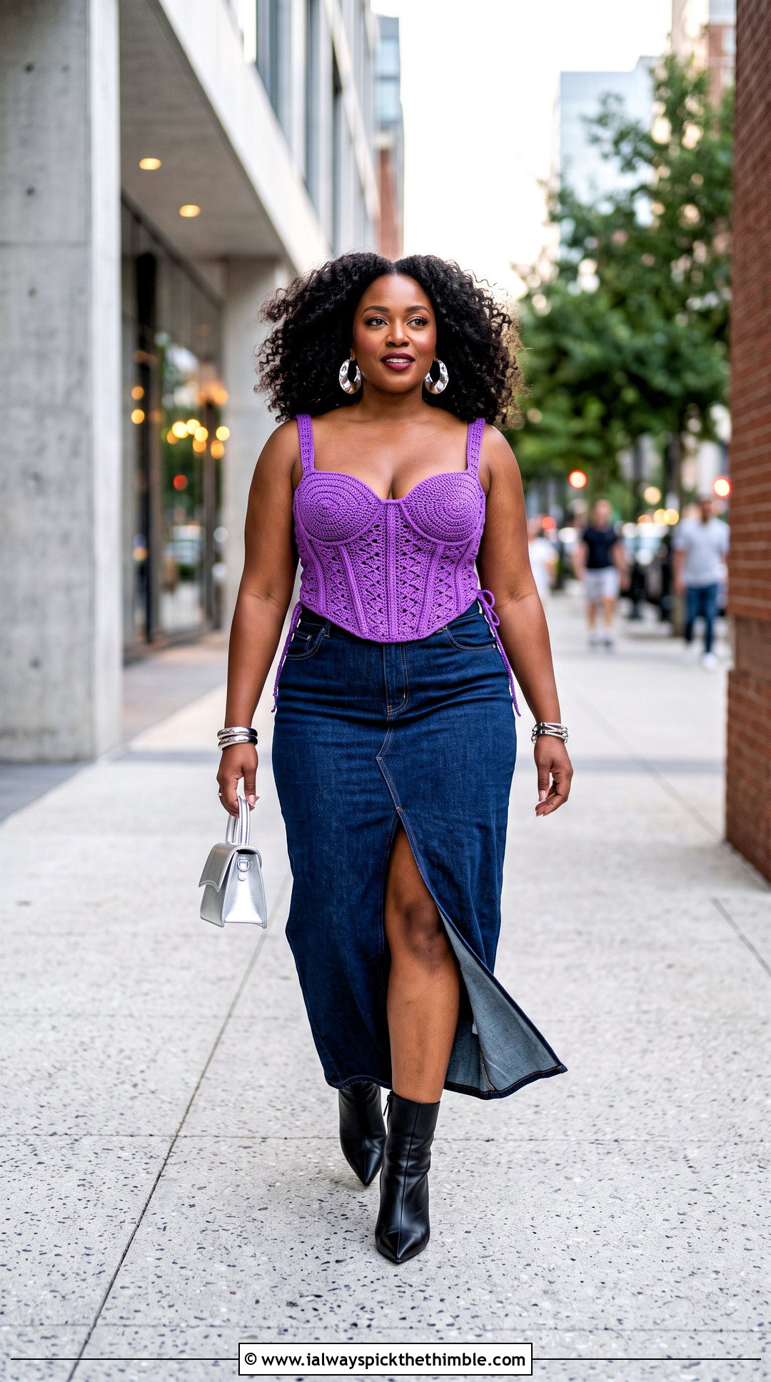 Crochet Corset Top With Denim Maxi Skirt - 15 barbie inspired crochet top outfit ideas
