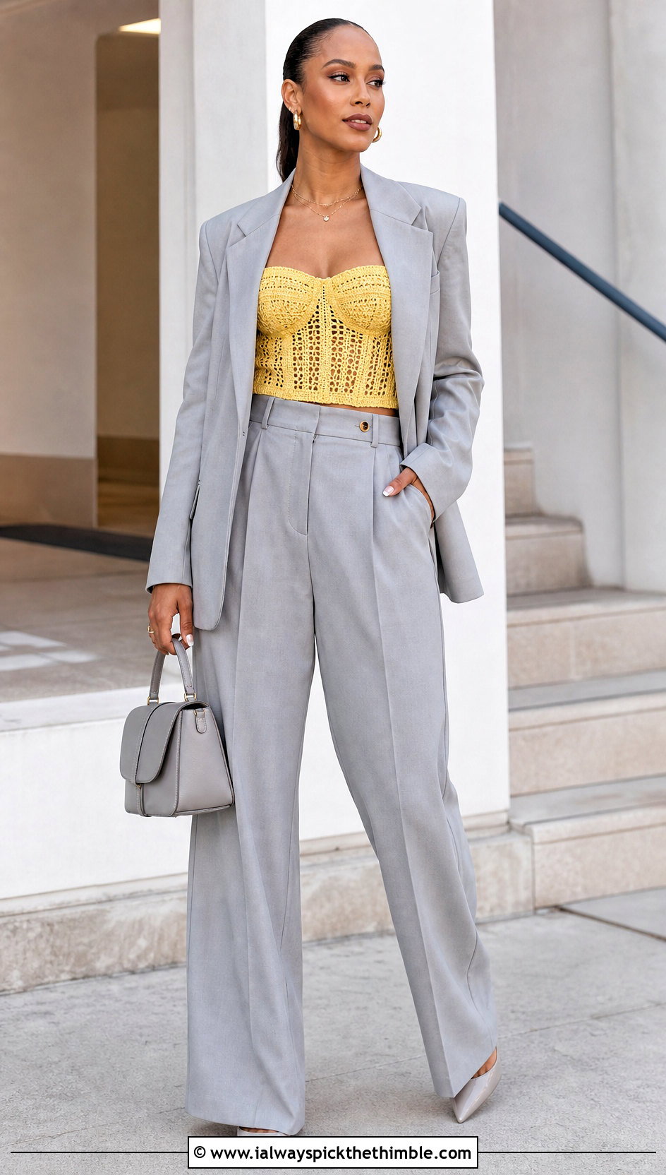 Crochet Corset Top With Oversized Blazer - 25 crocheted tops outfit ideas