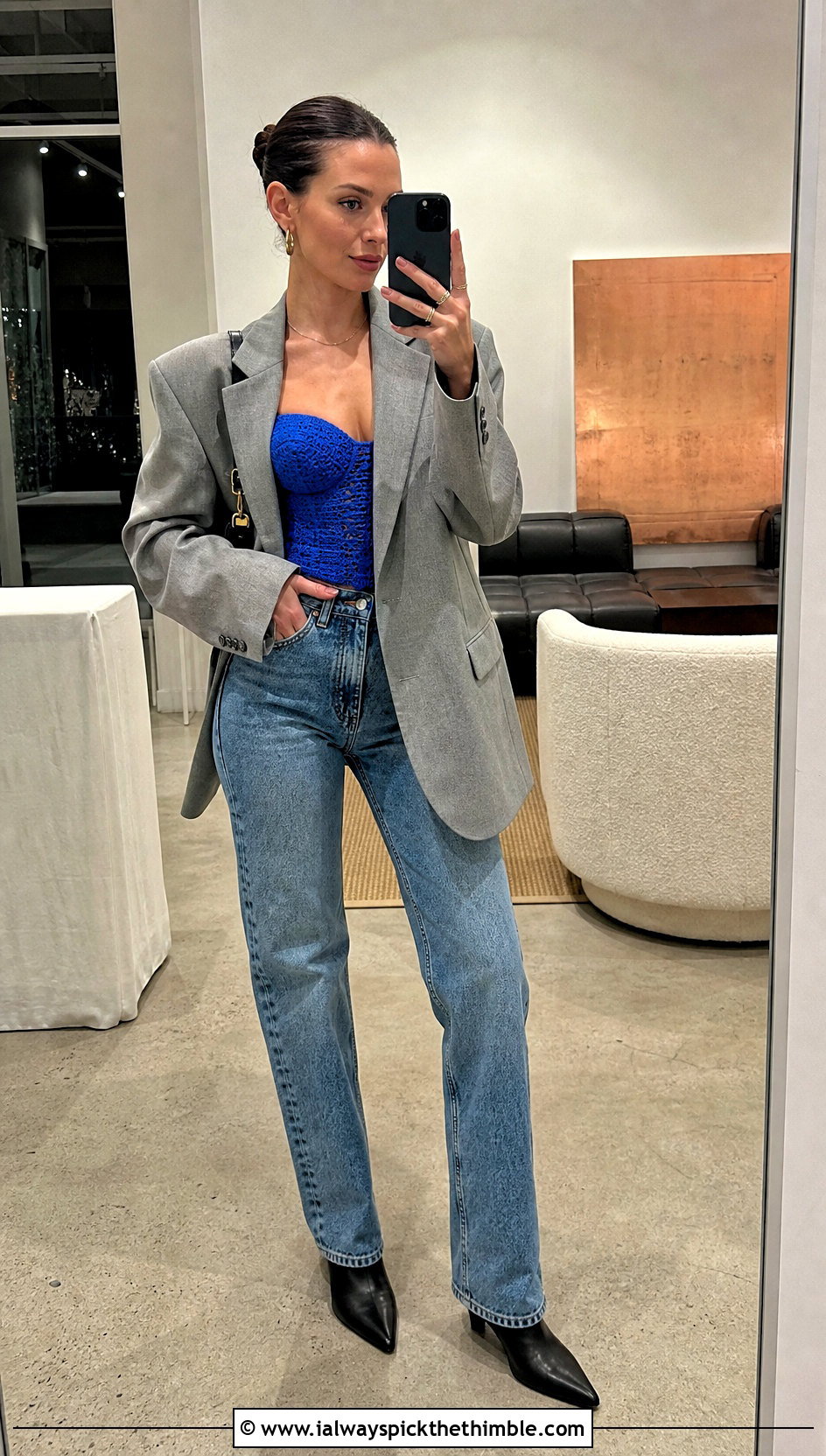 Crochet Corset Top With Oversized Blazer And Jeans - 25 trendy crochet tops outfit ideas