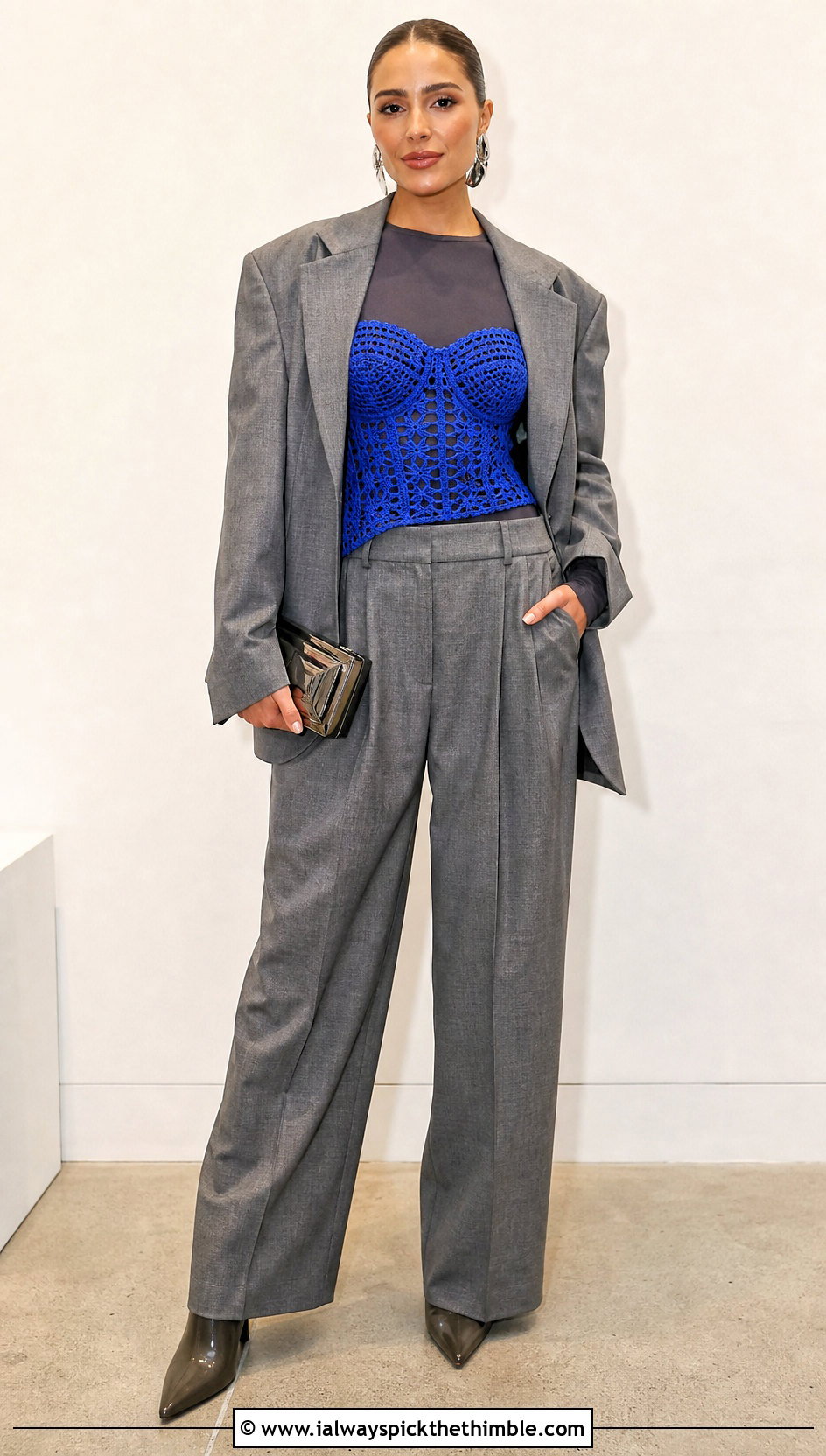 Crochet Corset Top With Oversized Suit - 25 crochet fall top outfit ideas