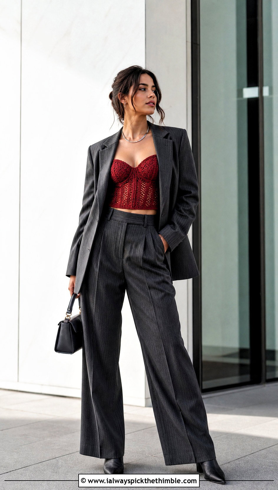 Crochet Corset Top With Pinstripe Suit - 20 Edgy Crochet Clothes and outfit ideas