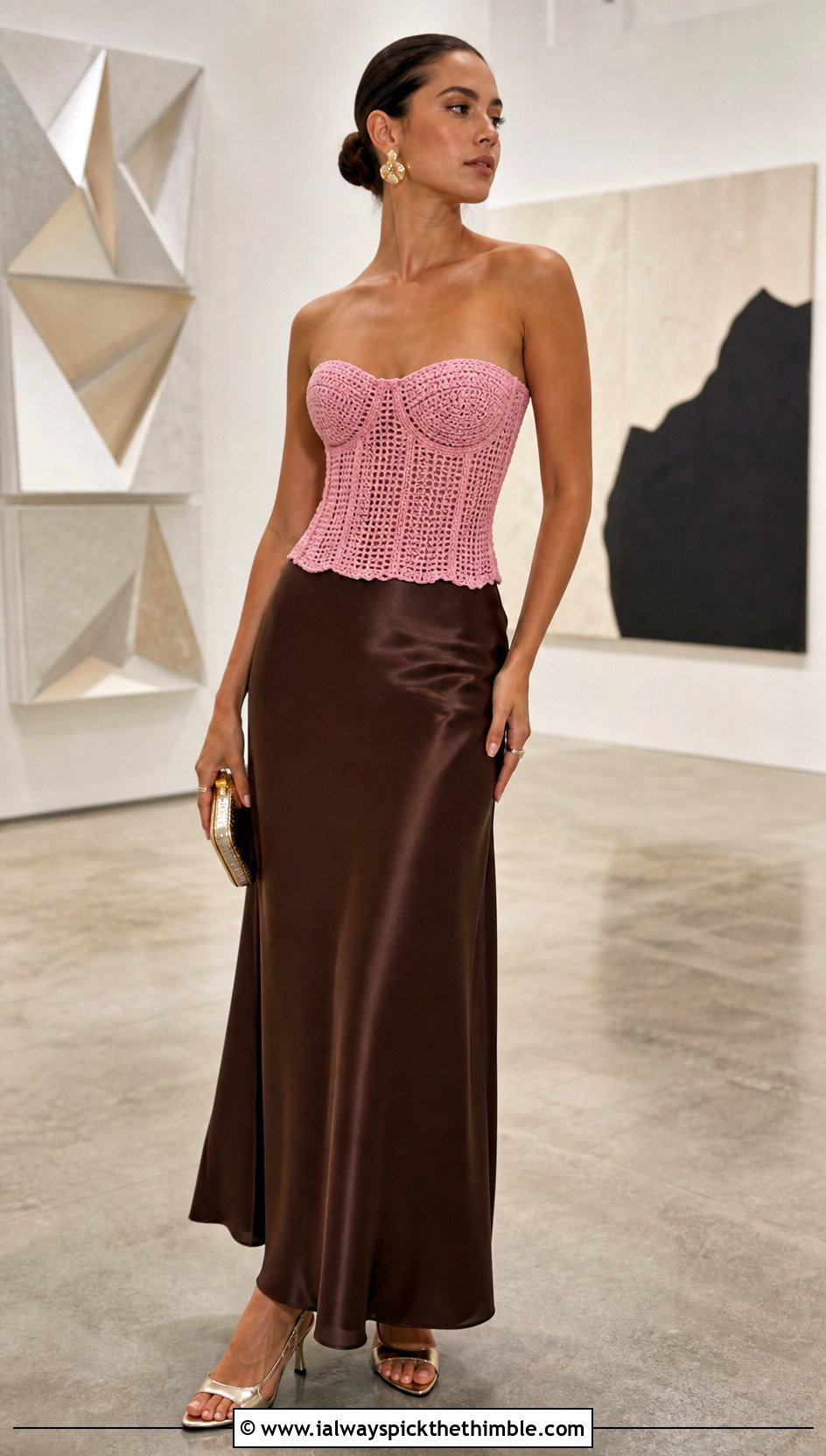 Crochet Corset Top With Satin Maxi Skirt - 25 aesthetic crochet top outfit ideas