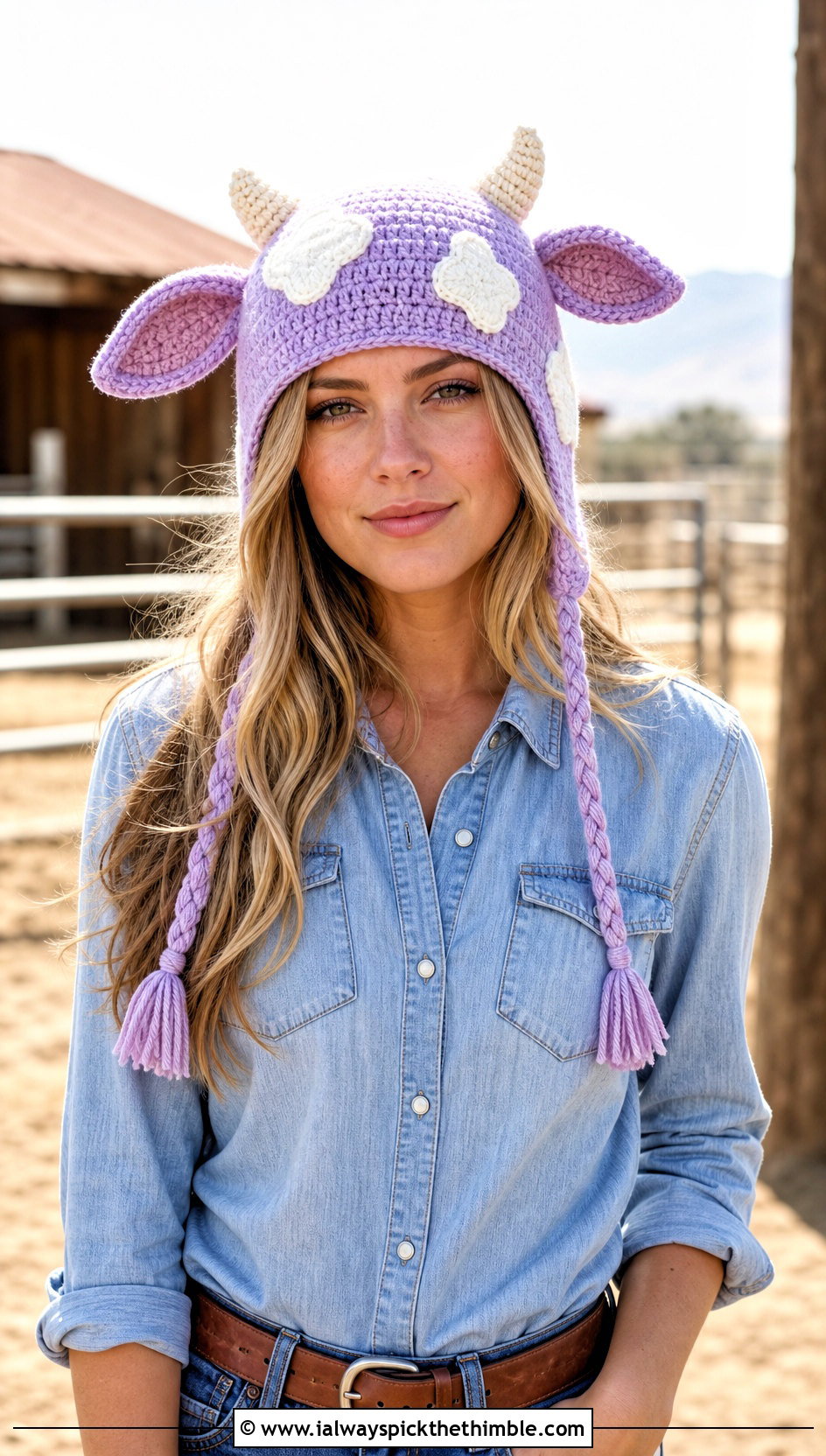 Crochet Cow Ear Hat With Western Denim Outfit - 25 crochet character hats outfit ideas