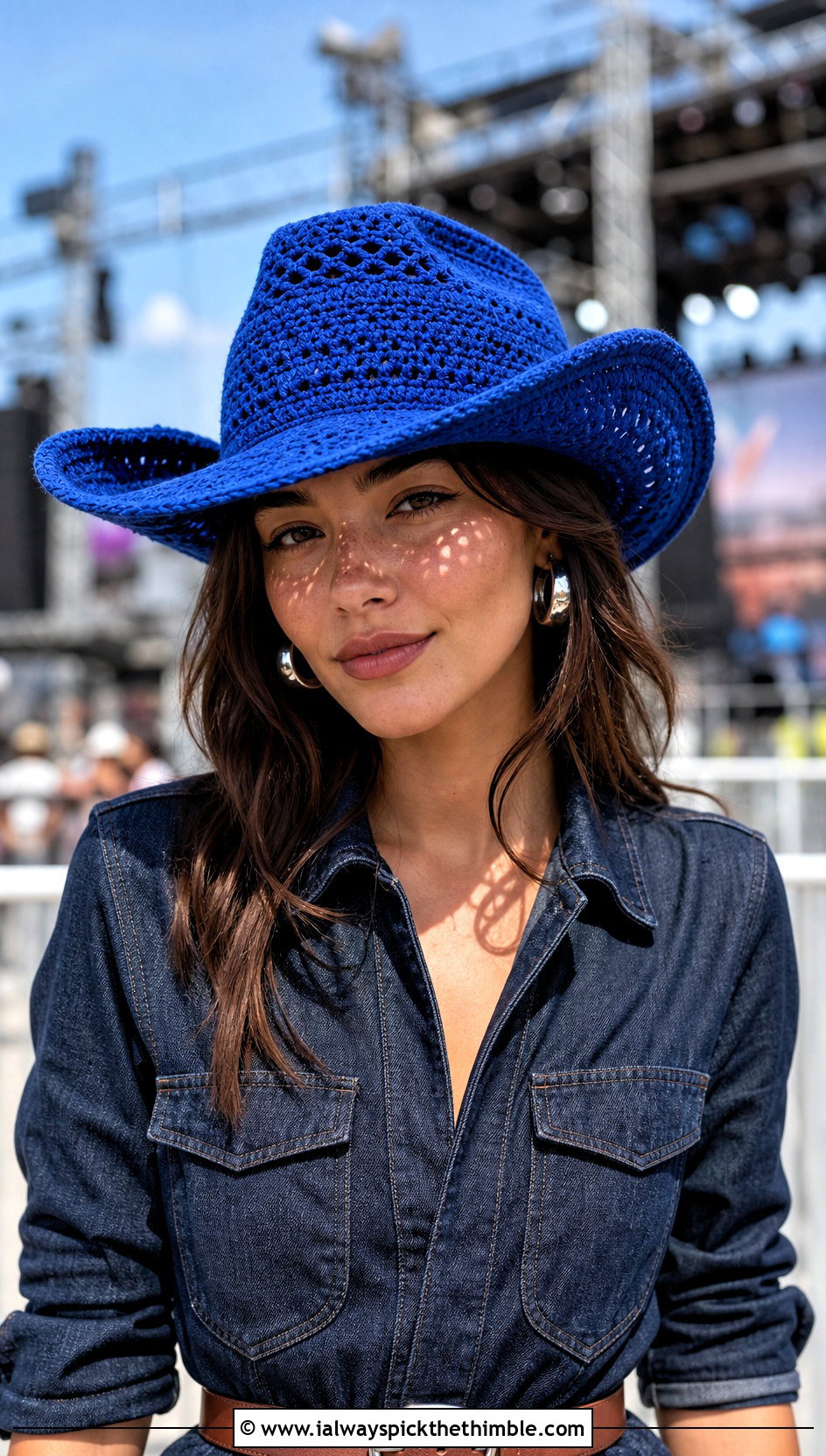 Crochet Cowboy Hat With Denim Jumpsuit - 25 easy crochet hats outfit ideas