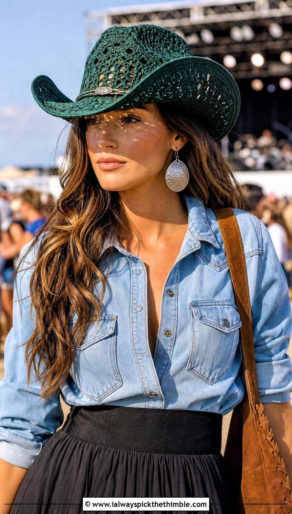 Crochet Cowboy Hat With Denim Shirt And Maxi Skirt - 25 fun crochet hats outfit ideas