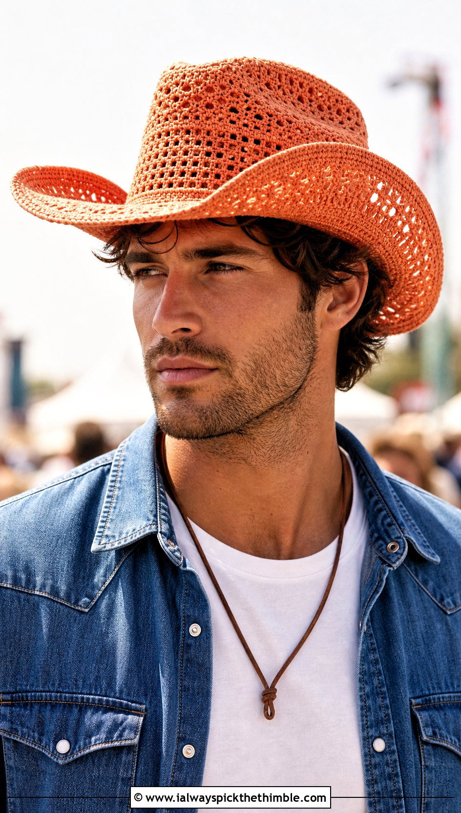Crochet Cowboy Hat With Denim Shirt - 25 crochet hats for men outfit ideas