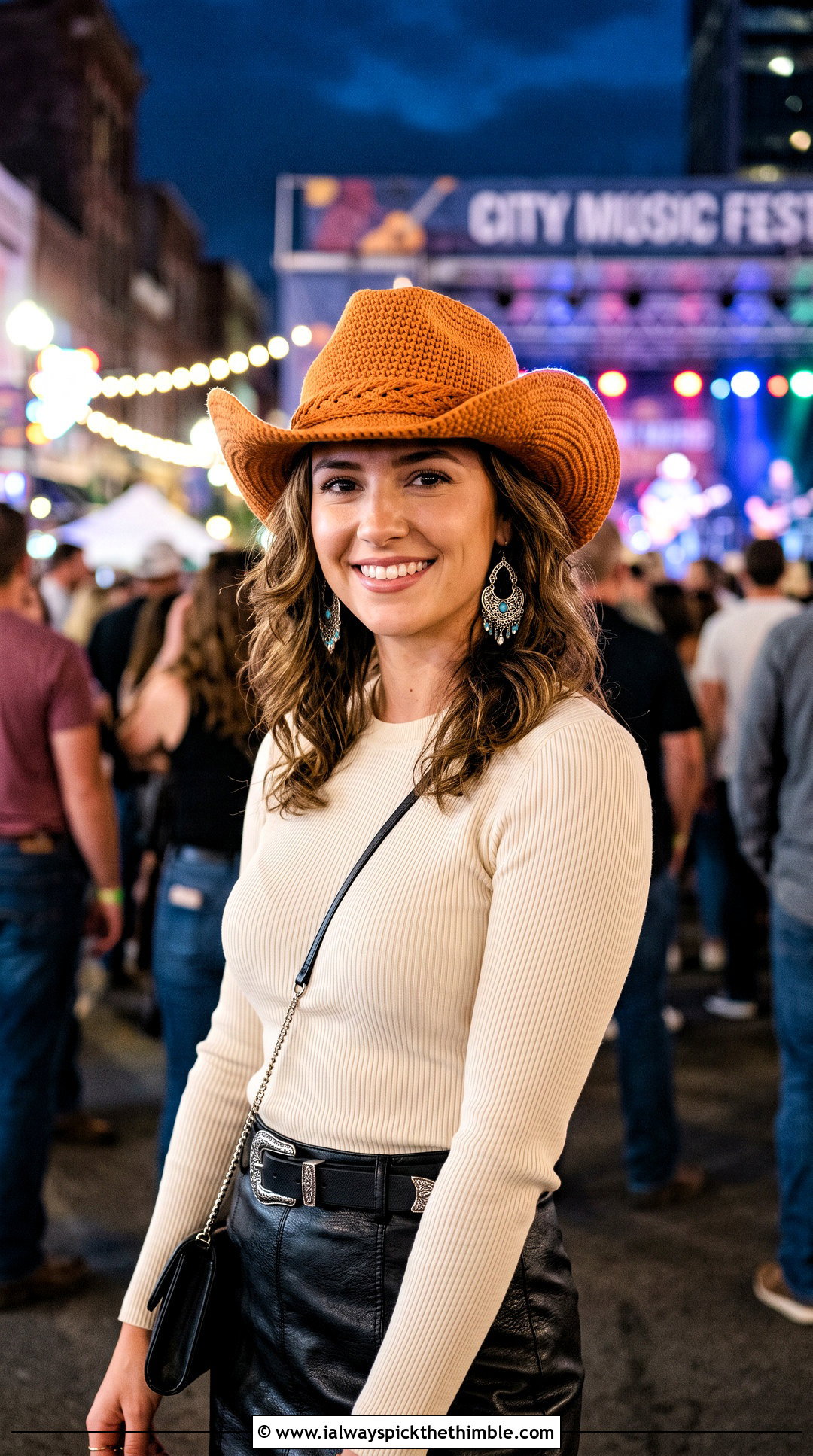 Crochet Cowboy Hat With Leather Mini Skirt - 20 party crochet hat outfit ideas