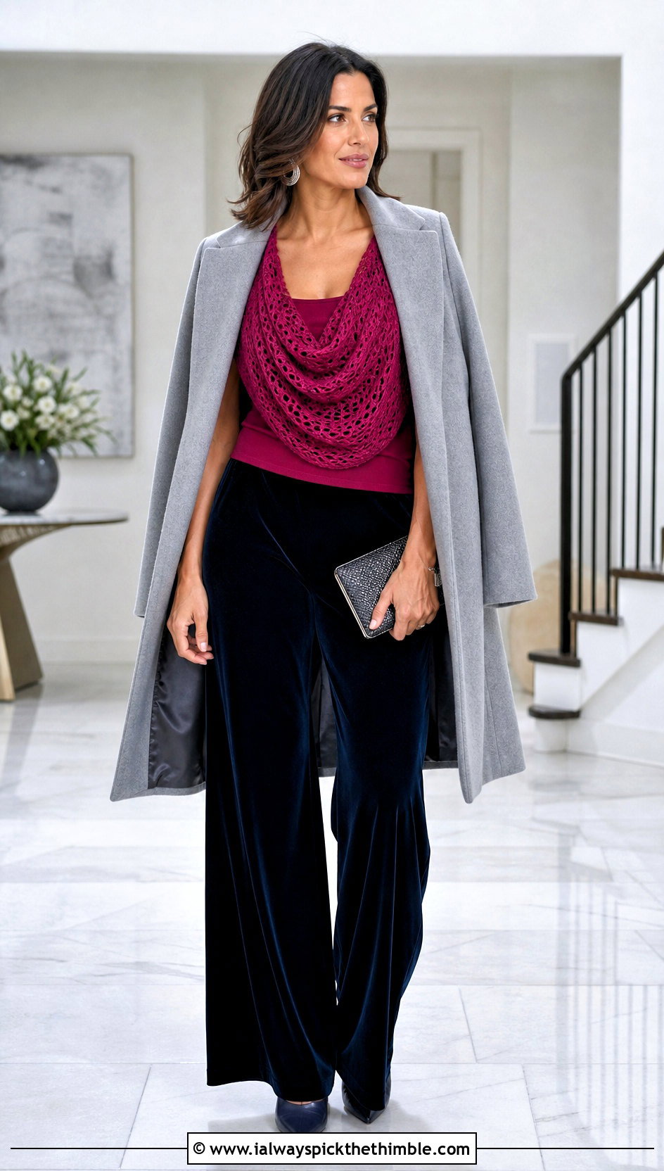 Crochet Cowl Neck Top With Velvet Pants - 25 winter crochet top outfit ideas