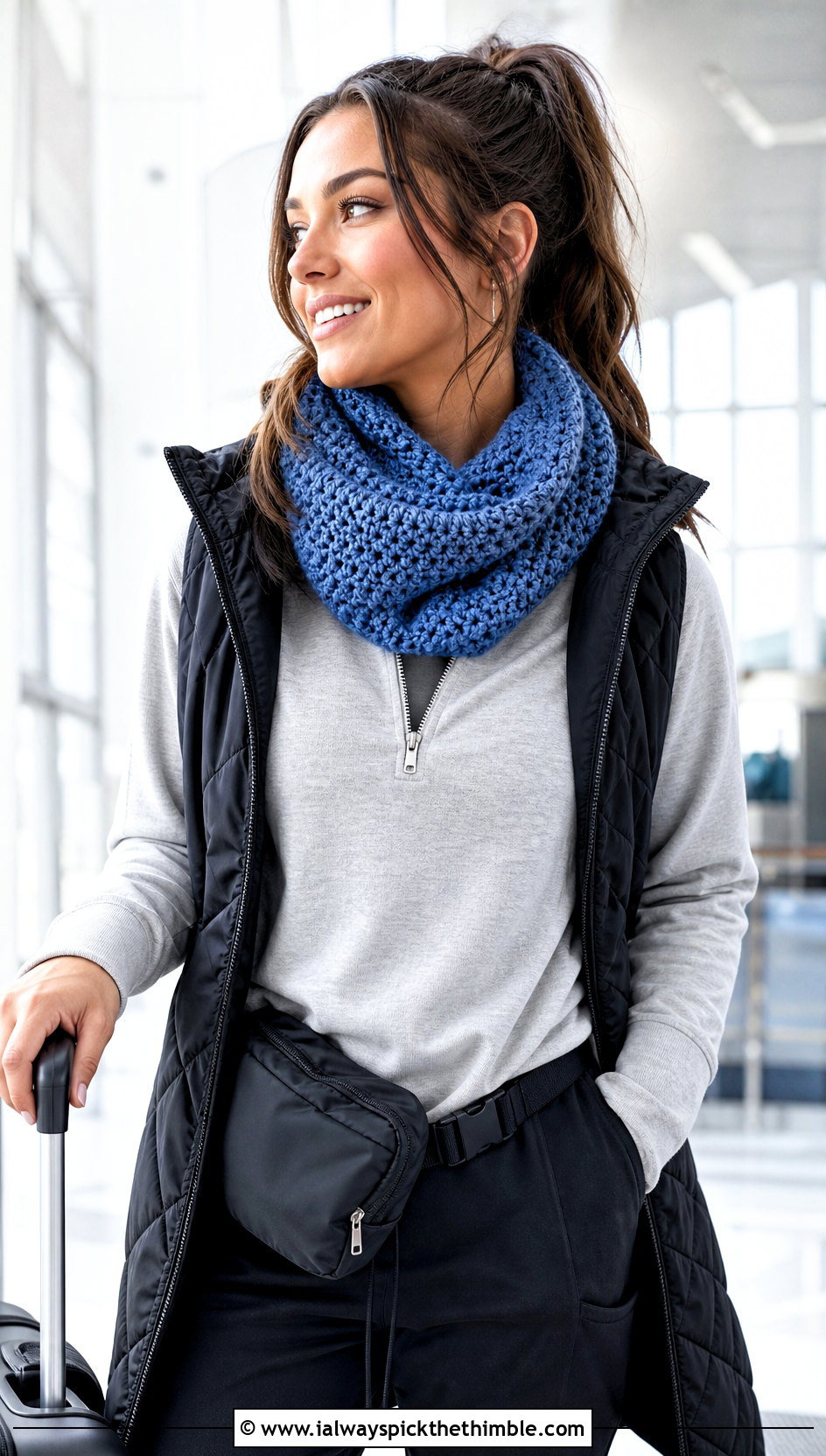 Crochet Cowl Scarf With Athleisure Outfit - 25 crocheted scarf outfit ideas