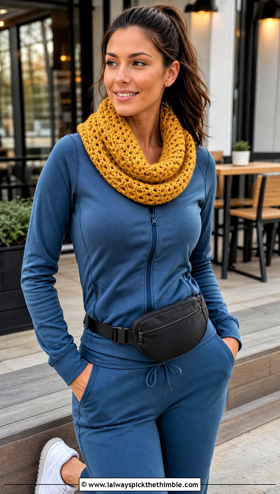 Crochet Cowl Scarf With Athleisure Set - 25 quick crochet scarf outfit ideas