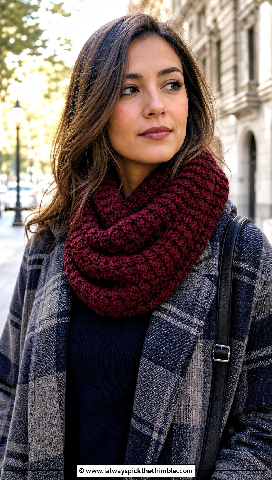 Crochet Cowl Scarf With Plaid Coat - 15 Crochet Fall Scarf outfit ideas