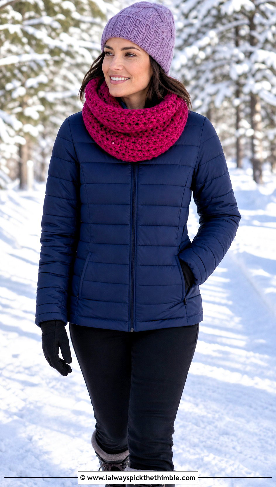 Crochet Cowl Scarf With Puffer Coat And Snow Boots - 25 fun crochet scarf outfit ideas