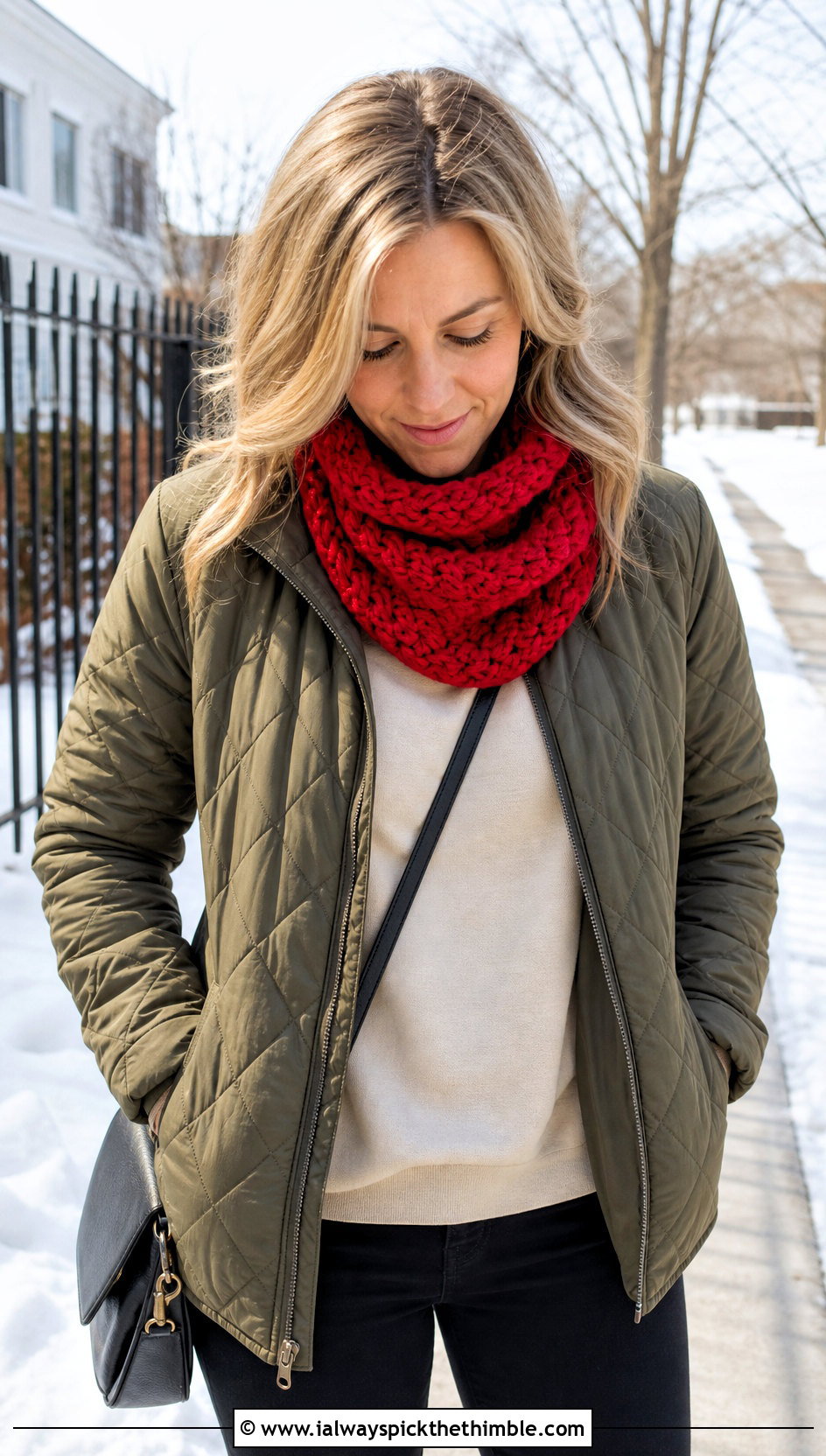 Crochet Cowl Scarf With Quilted Jacket - 25 easy crochet scarf for beginners outfit ideas