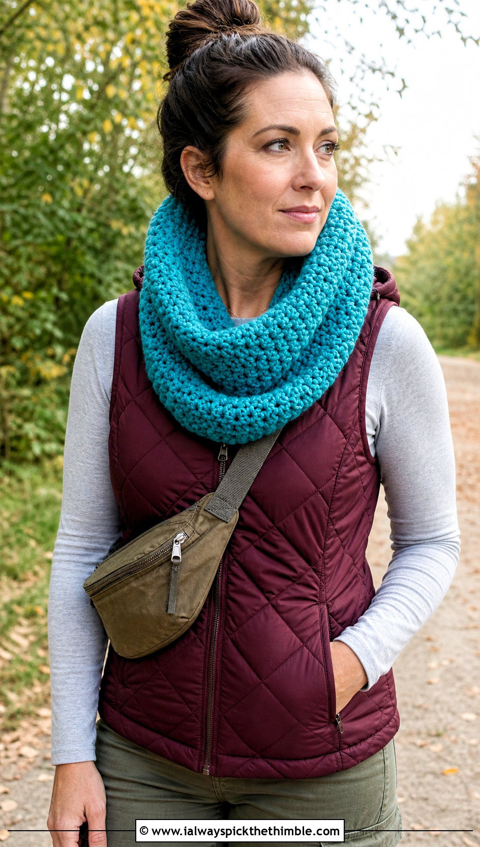 Crochet Cowl Scarf With Quilted Vest - 25 crochet neck scarf outfit ideas