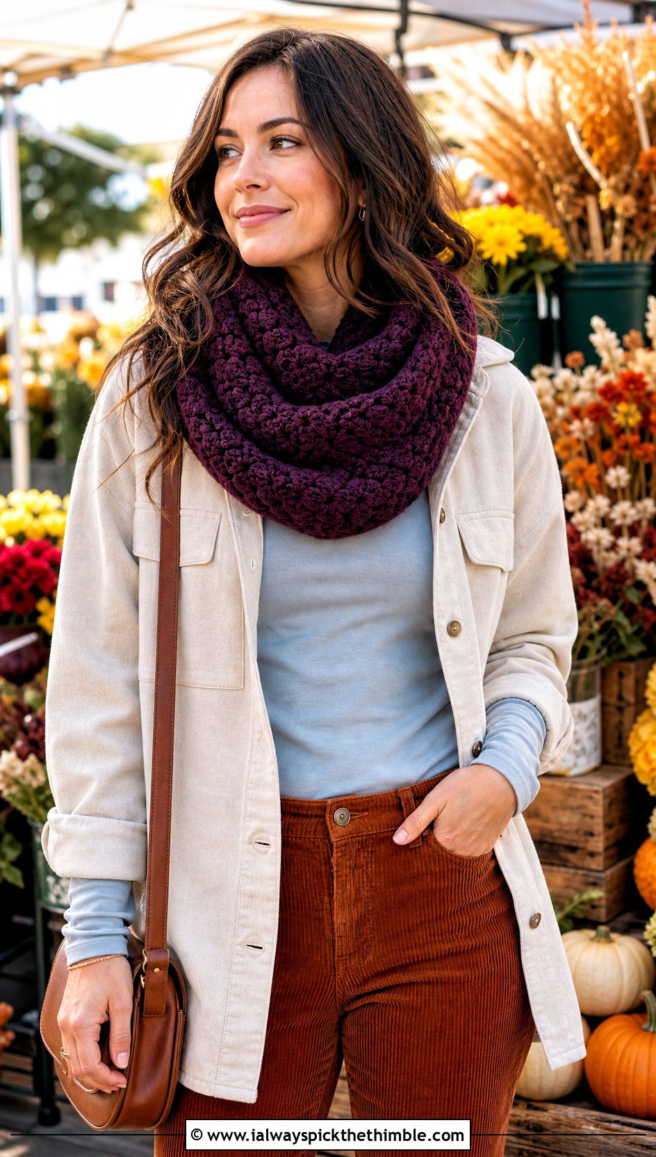 Crochet Cowl Scarf With Shacket And Corduroy Pants - 25 crochet scarf outfit ideas