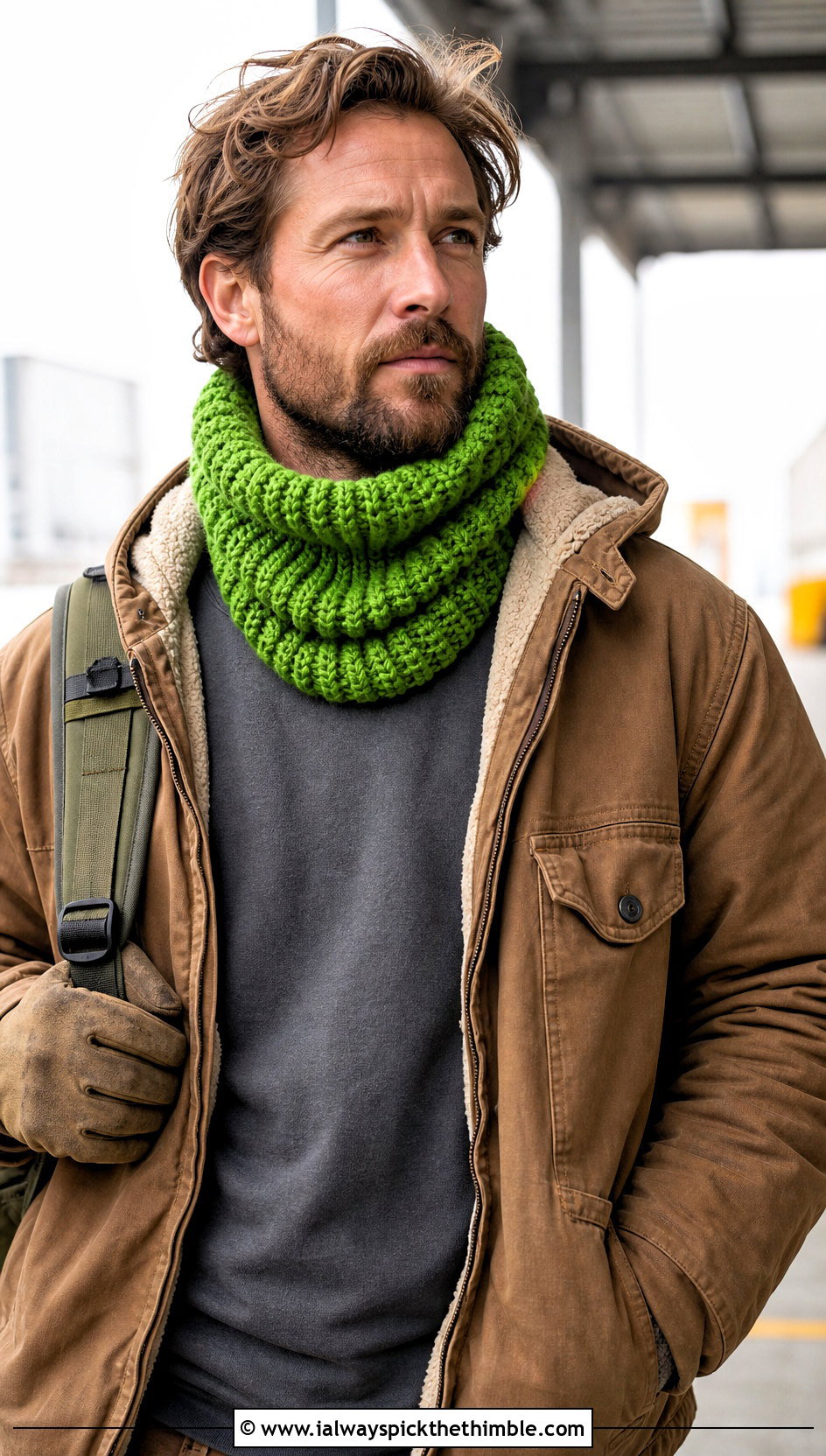 Crochet Cowl Scarf With Workwear Jacket - 20 Mens Winter Crochet Scarf outfit ideas