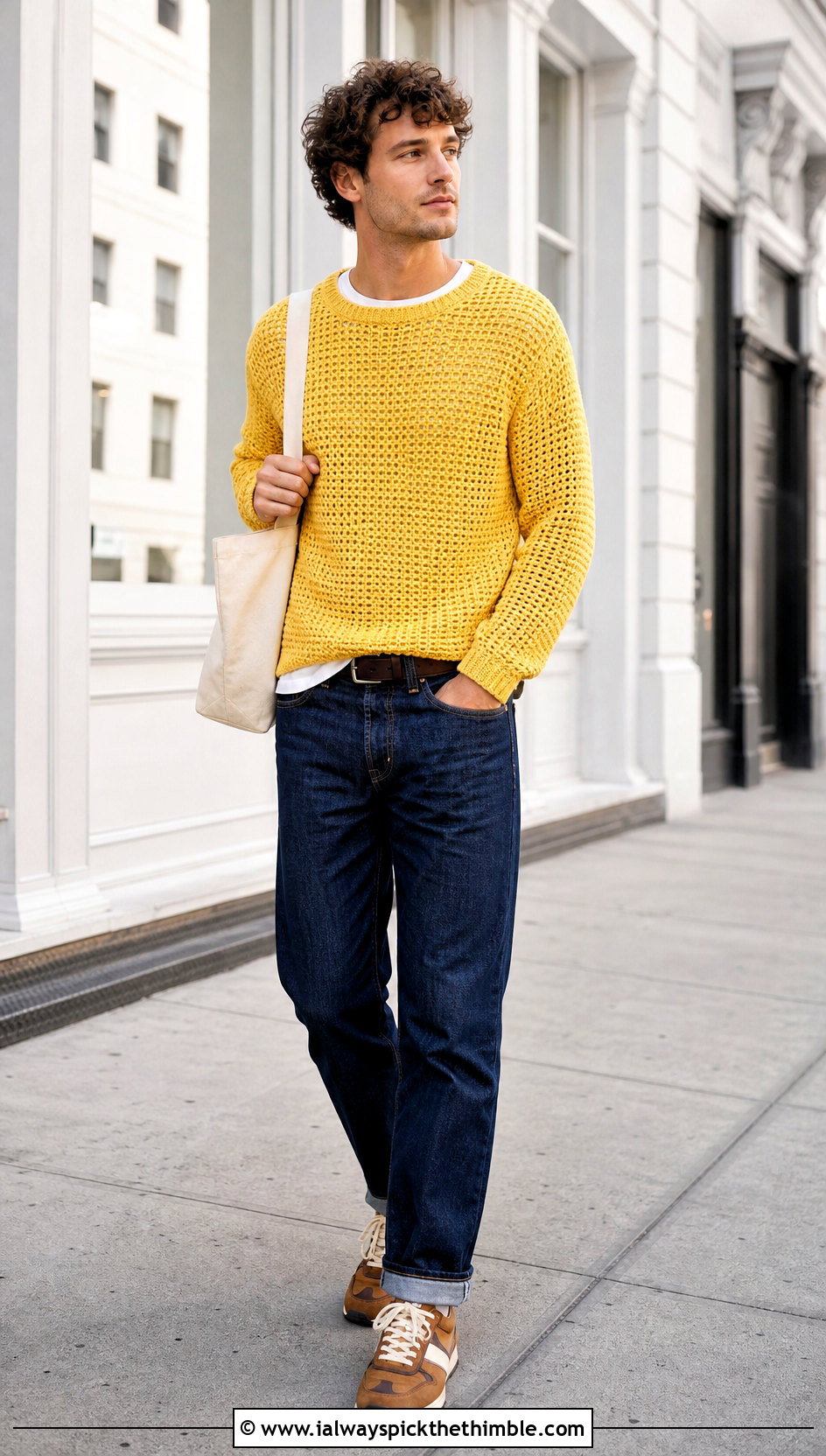 Crochet Crewneck Mens Sweater With Dark Denim - 25 mens crochet sweater outfit ideas