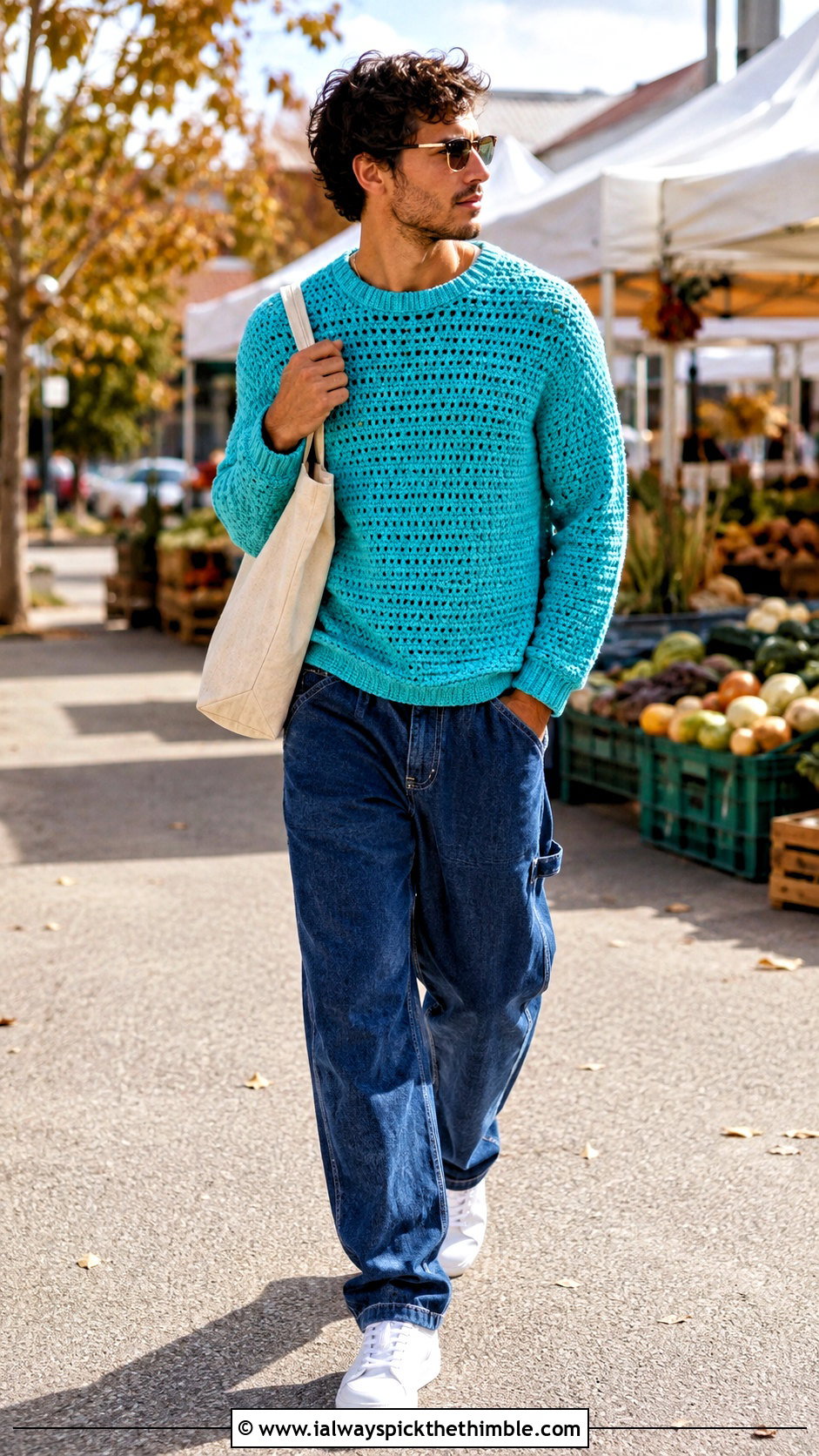 Crochet Crewneck Pullover With Carpenter Jeans - 25 crochet top men outfit ideas