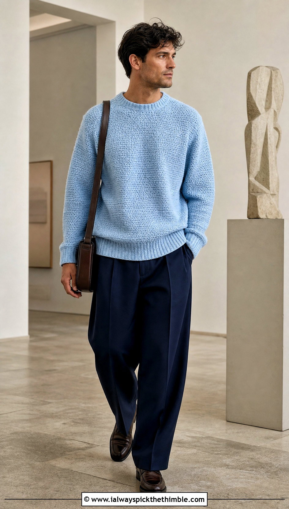 Crochet Crewneck Sweater With Wide Wool Trousers - 25 crochet outfits for men outfit ideas