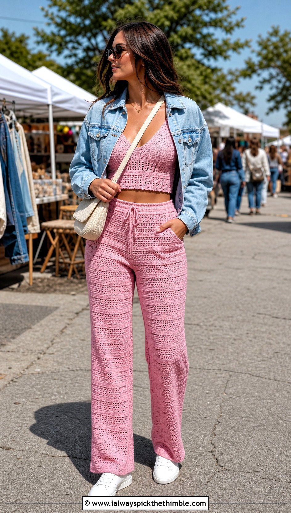 Crochet Crop Tank And Straight Leg Pants Set With Denim Jacket - 20 crochet pants set outfit ideas