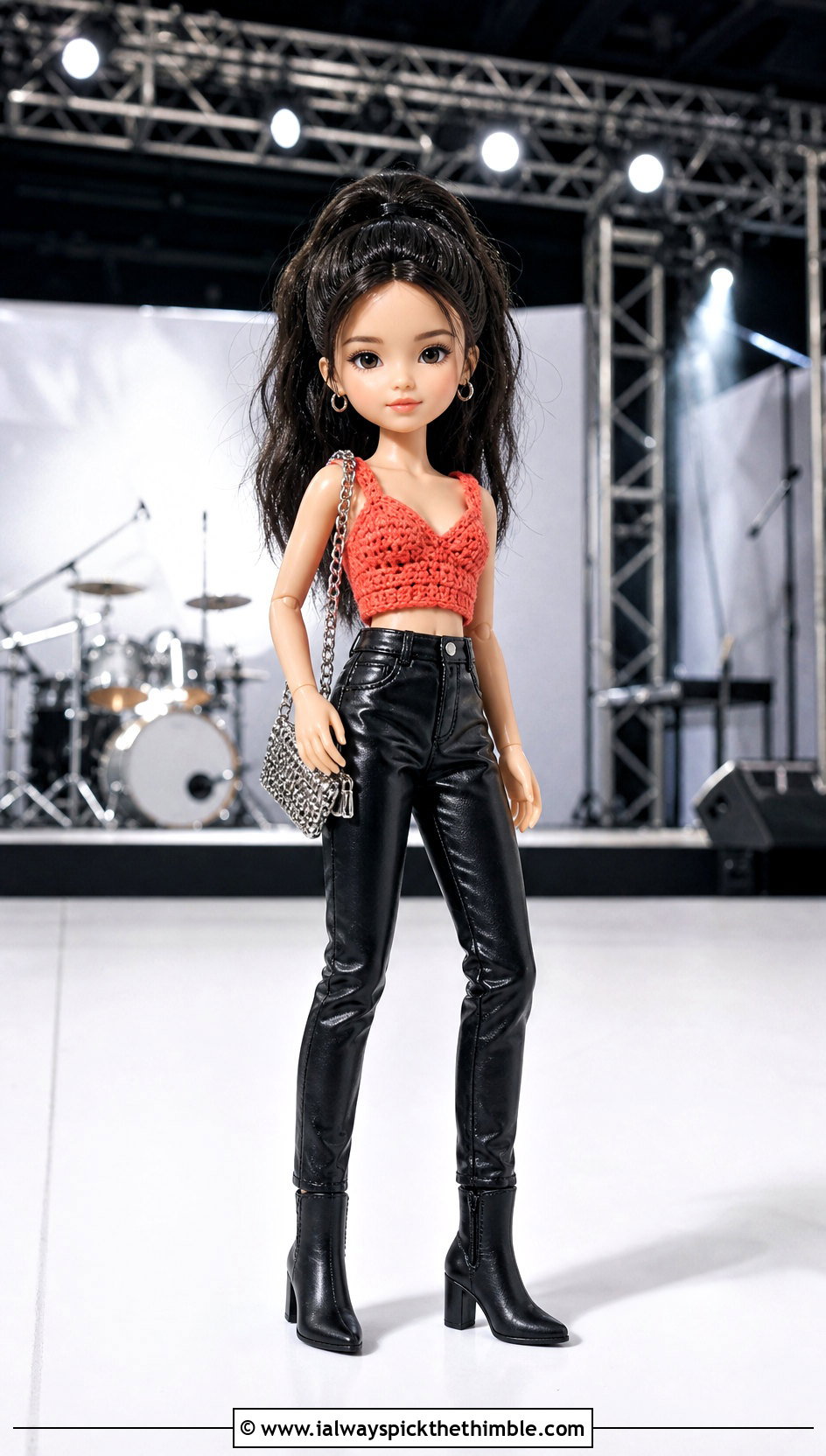 Crochet Crop Top Doll Outfit With Faux Leather Pants - 20 Crochet Small Doll Clothes and outfit ideas