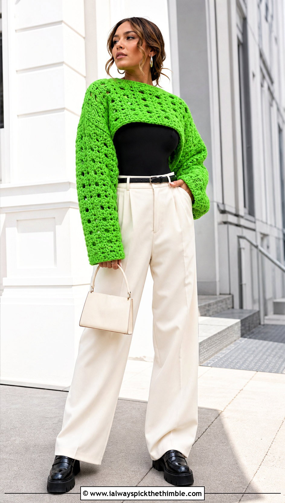 Crochet Cropped Blanket Sweater With High Waisted Trousers - 20 crochet sweater blanket outfit ideas