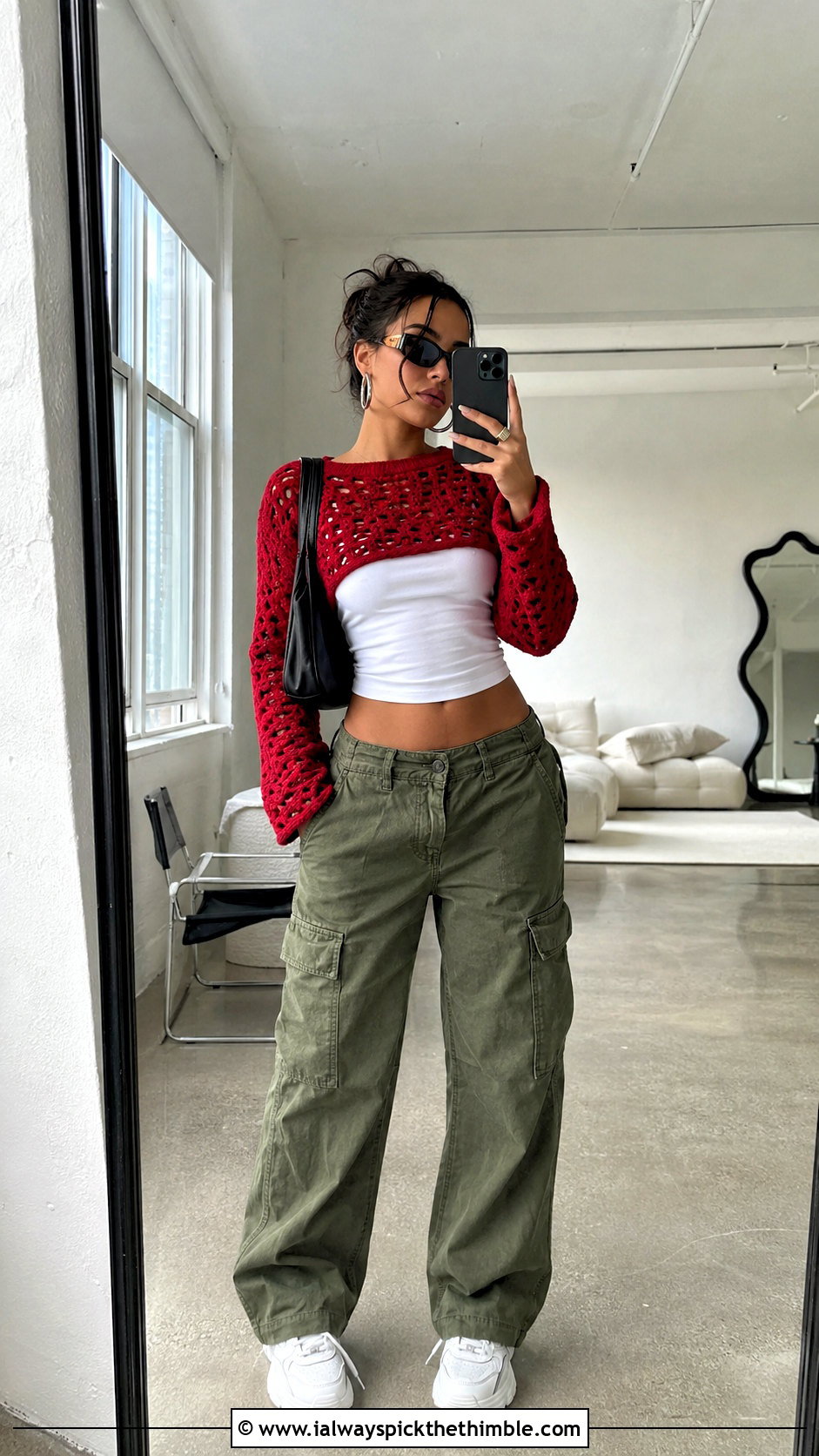 Crochet Cropped Sweater With Cargo Pants - 15 Barbie Inspired Crochet Outfits ideas