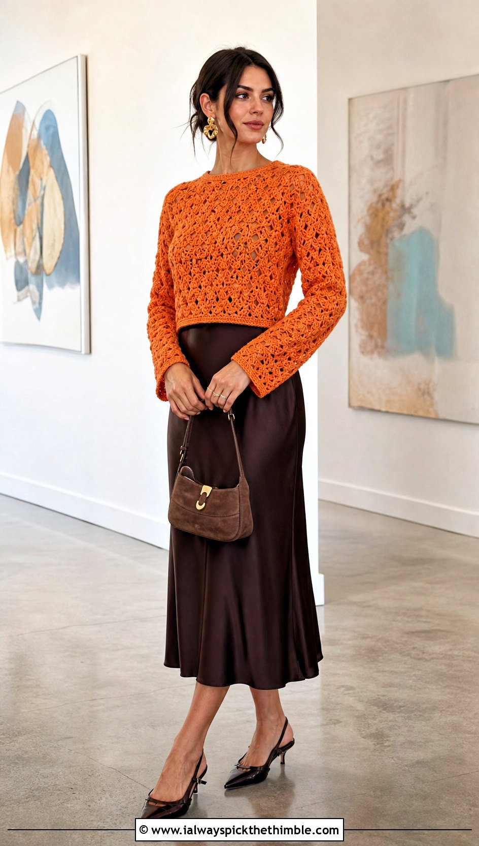 Crochet Cropped Sweater With Satin Midi Skirt - 20 easy clothes to crochet outfit ideas