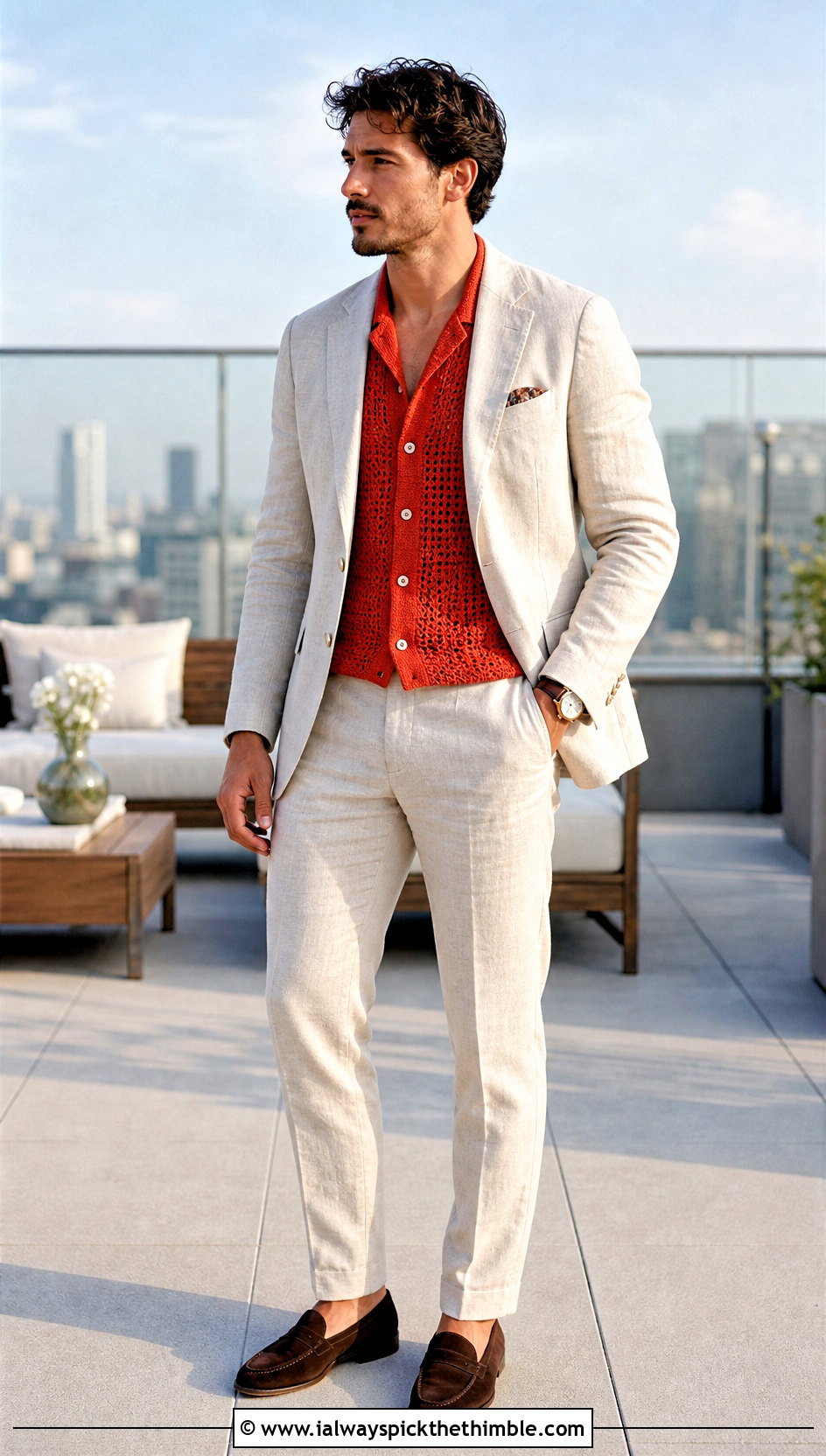 Crochet Cuban Collar Shirt With Summer Suit - 25 crochet top for men outfit ideas